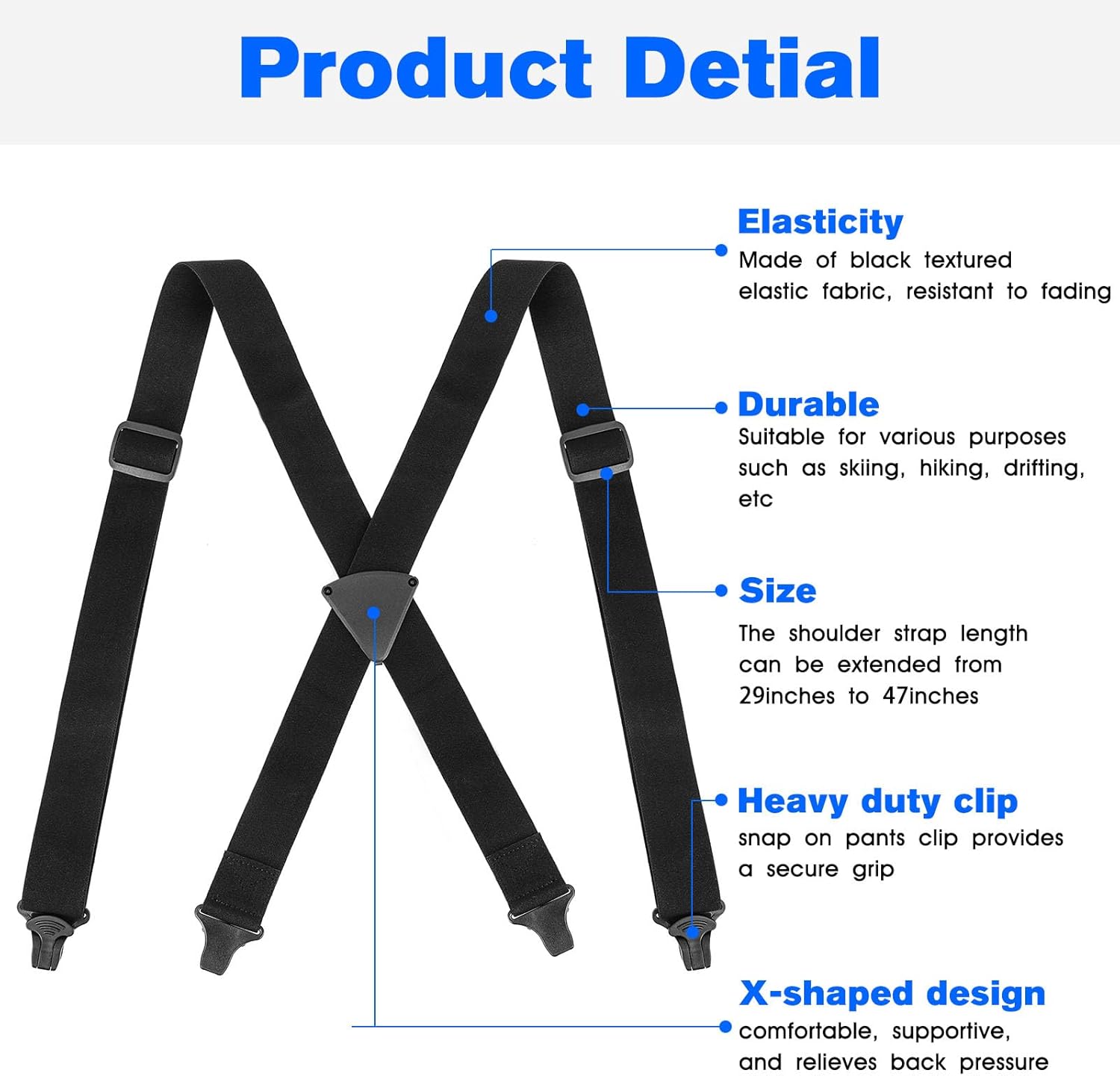 Black Ski Suspenders Men Women General,Heavy Duty Clip Can Be Firmly Fixed Pants Belt, Adjustable Tightness X Back - 1.5 Inch Wide