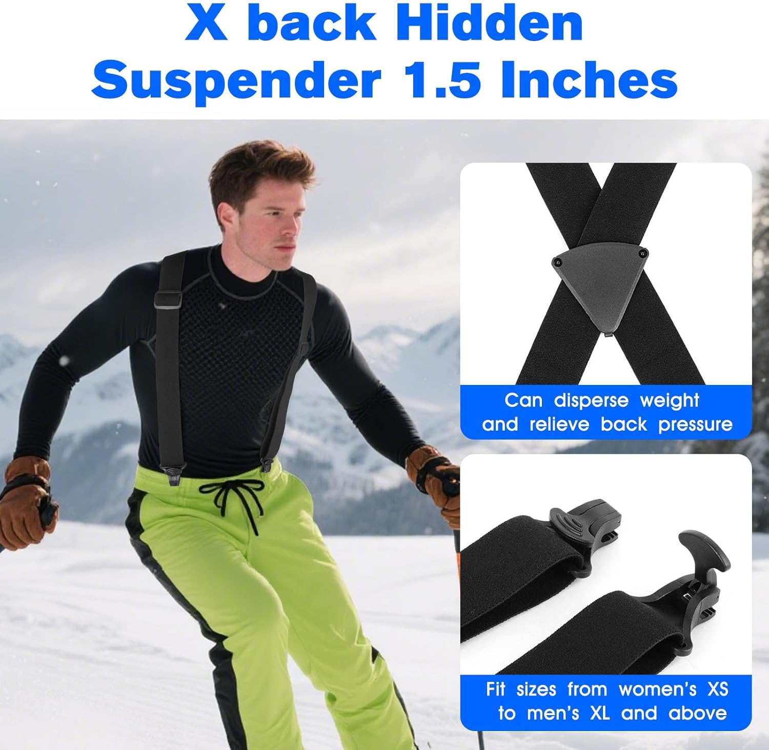 Alternative view of Black Ski Suspenders Men Women General,Heavy Duty Clip Can Be Firmly Fixed Pants Belt, Adjustable Tightness X Back - 1.5 Inch Wide