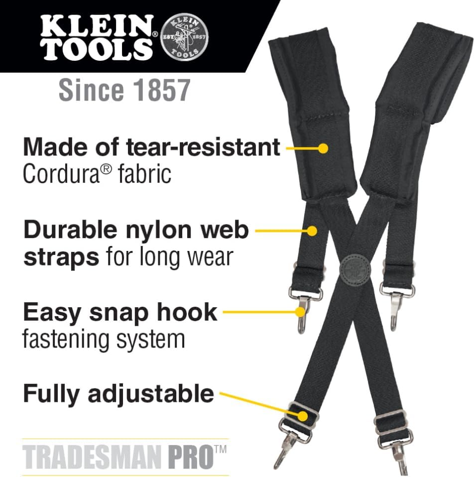 Klein Tools 55400 Adjustable Suspenders, for 4-Point Attachment Belts, Rugged and Padded, Ideal Electricians or Carpenters Suspenders