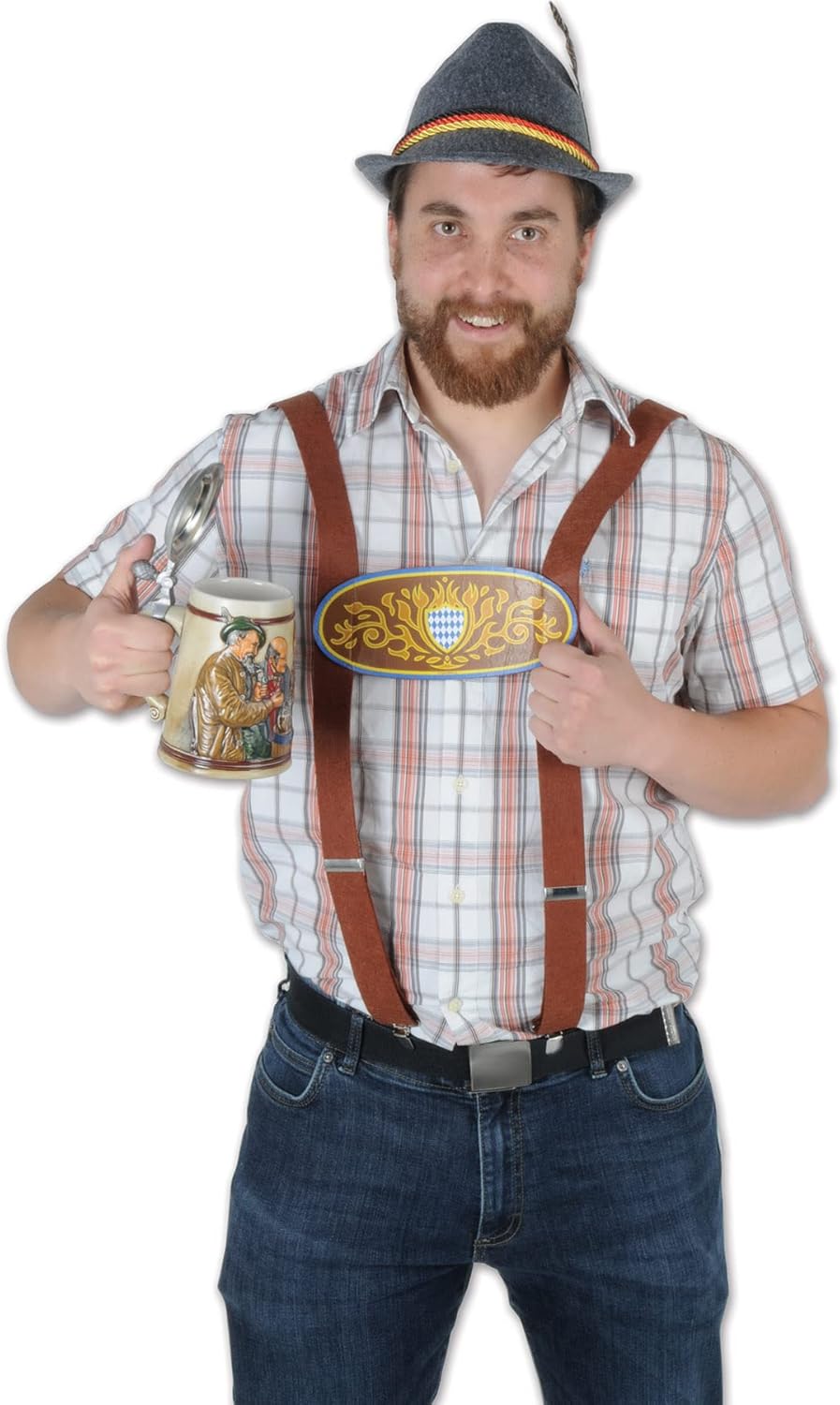 Beistle 2-Pack Bavarian Suspenders, Brown/Blue/Gold/White German Elastic Straps with Metal Clips & Front Fabric Design, Oktoberfest Costume, One Size