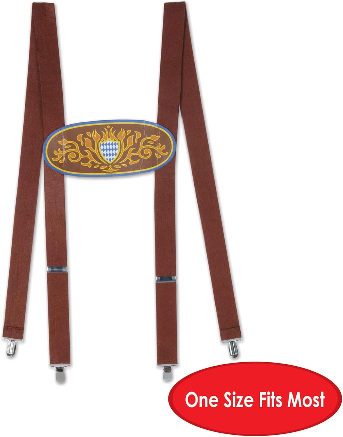 Alternative view of Beistle 2-Pack Bavarian Suspenders, Brown/Blue/Gold/White German Elastic Straps with Metal Clips & Front Fabric Design, Oktoberfest Costume, One Size
