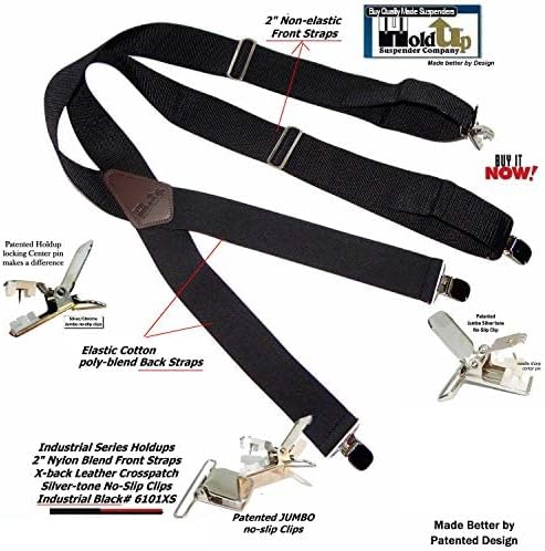 Holdup 2" wide Non-Elastic Industrial Series Suspenders for Men with the USA Patented No-Slip Clips