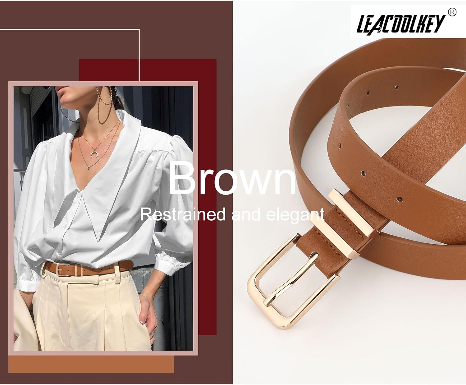 LEACOOLKEY 3 Pack Women's Leather Belts for Jeans Dress Pants Fashion Ladies Leather Belts with Gold Buckle