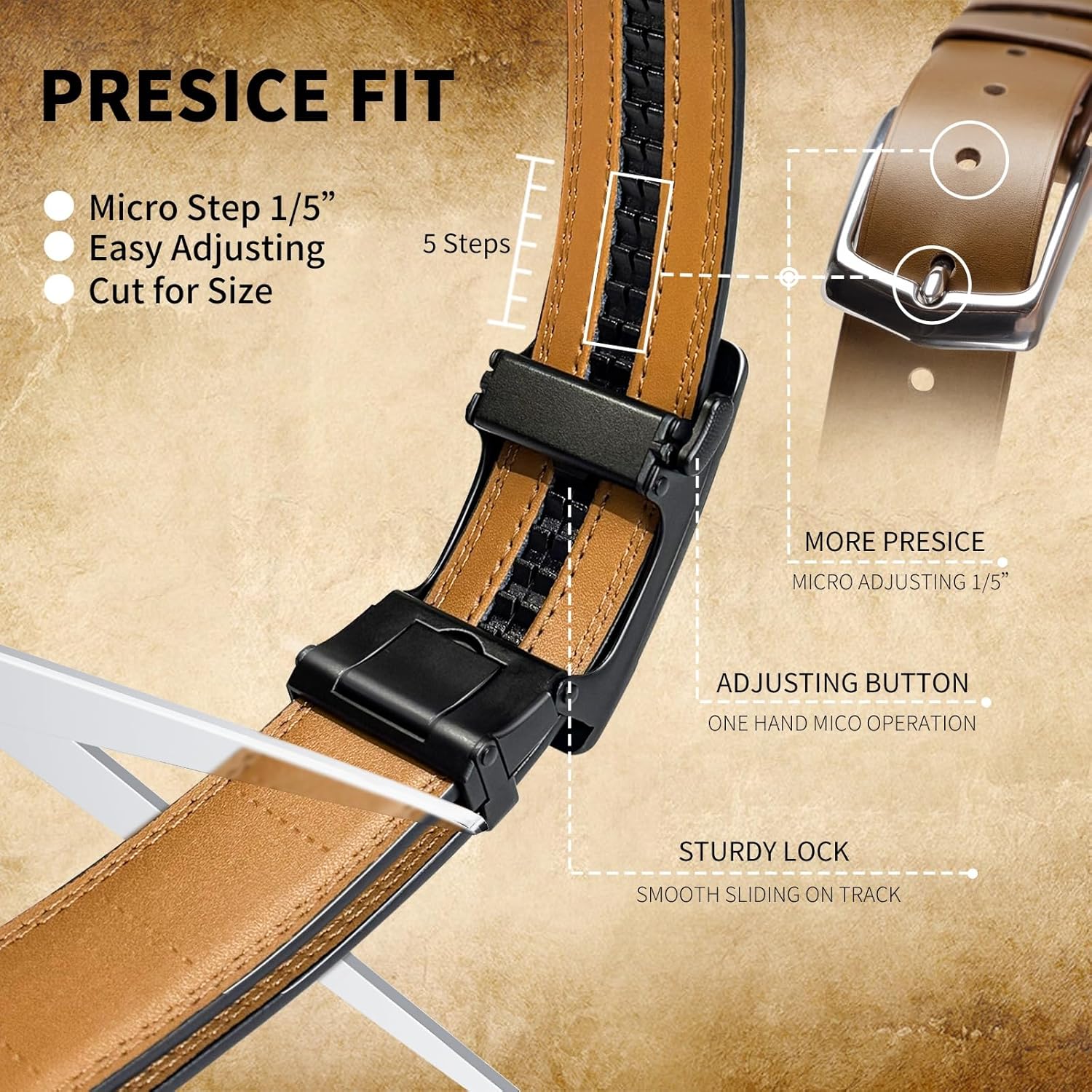 QVGFCTB Ratchet Belts for Men - 2 Pack Leather Belts for Men, Easy to Slide Adjustable, Trim to Fit, Dress&Casual (1 3/8")