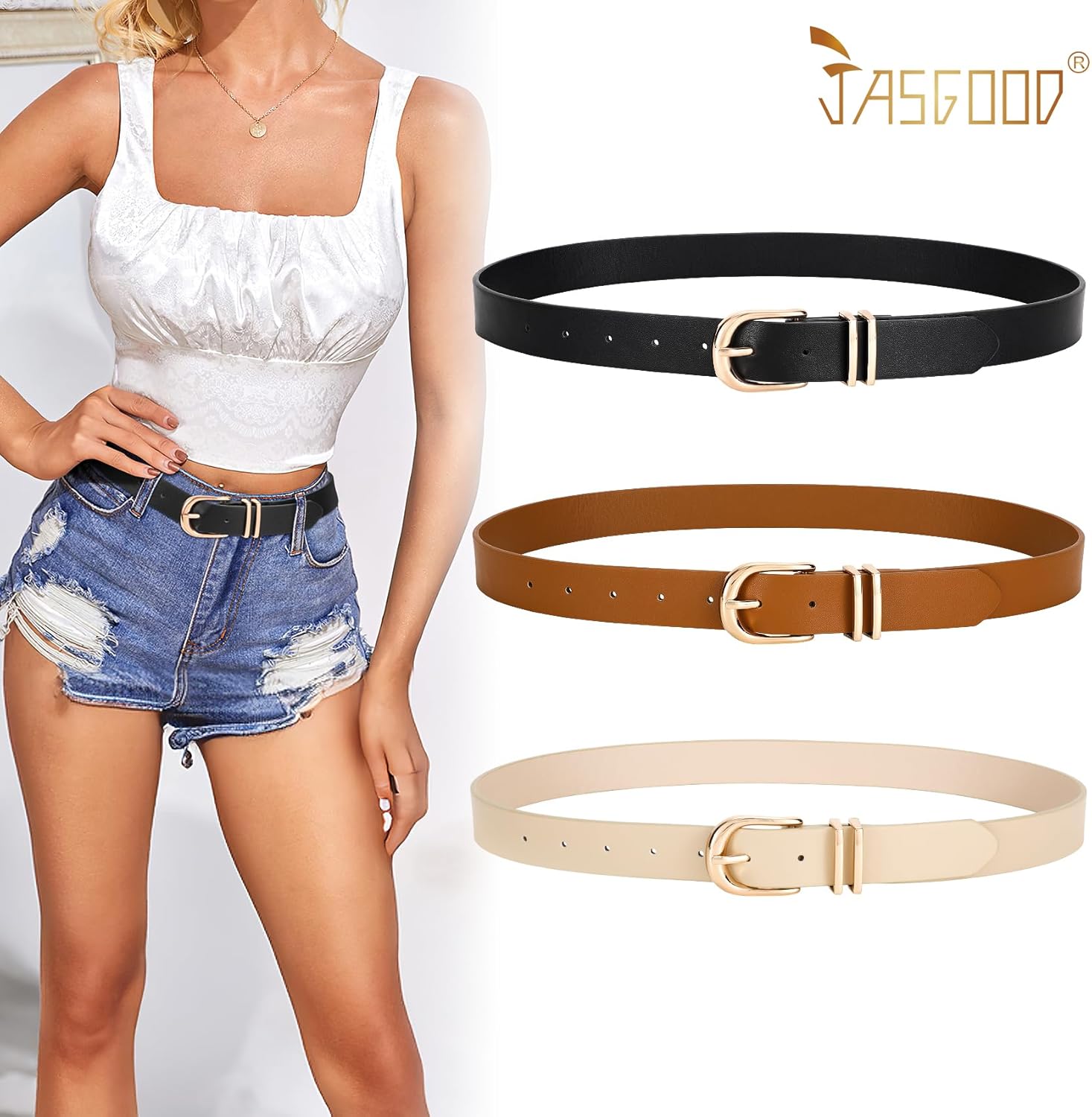 JASGOOD 3 Pack Women Leather Belts For Jeans Dresses Pants Ladies Faux Leather Waist Belt with Gold Buckle