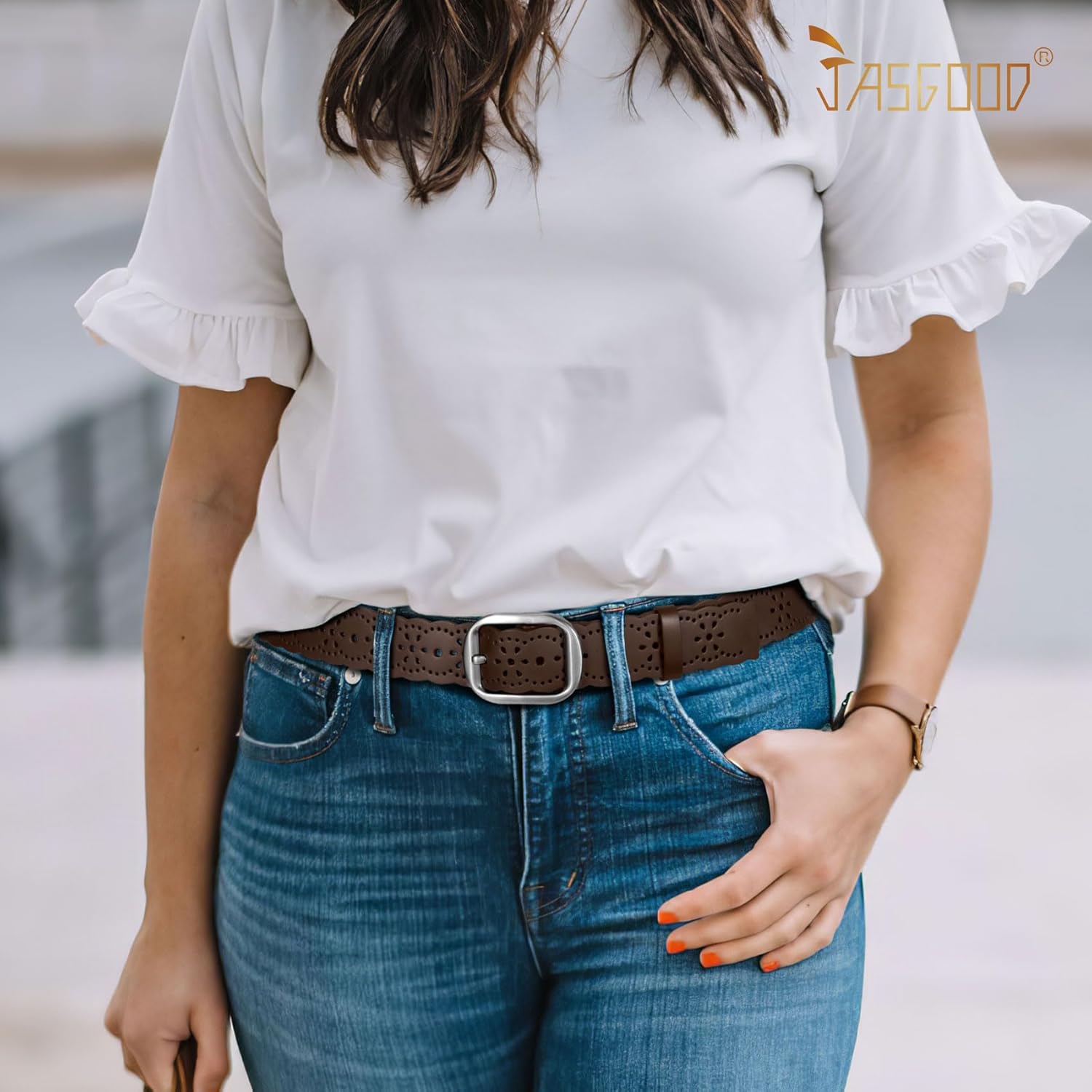 Alternative view of JASGOOD Women's Hollow Flower Genuine Leather Belt for Jeans Pants Wide Belt for Ladies