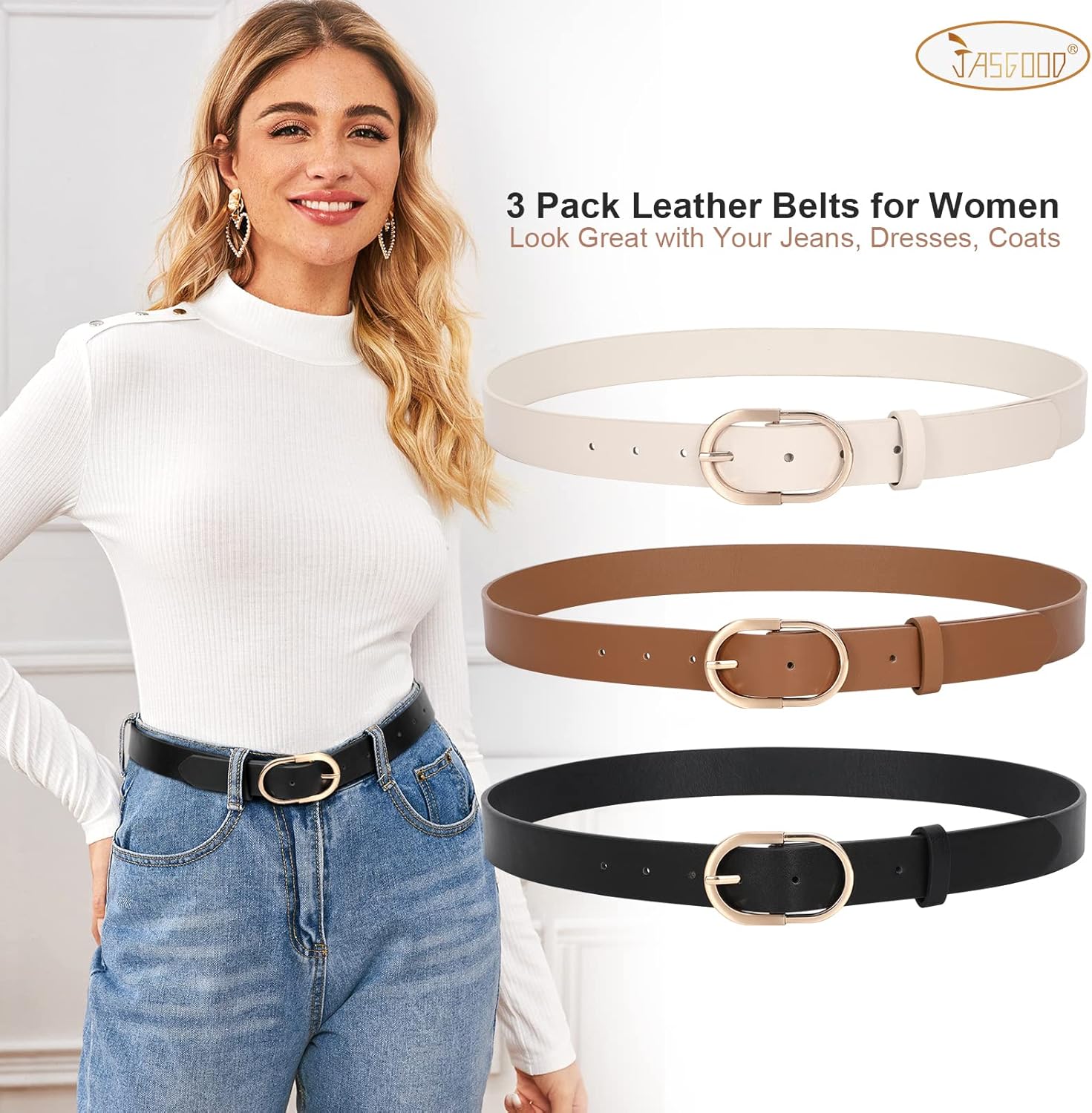 JASGOOD Womenu2019s Leather Belts for Jeans Pants Fashion Ladies Belt with Gold Buckle
