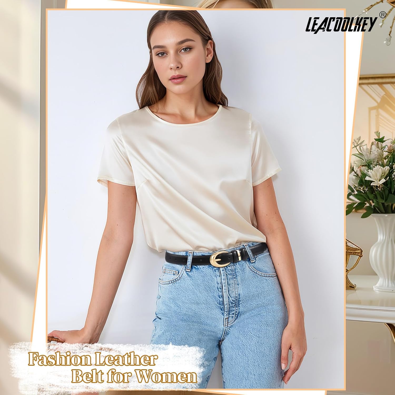 2 Pack Women Leather Belts for Jeans Dress Fashion Ladies Belt with Gold Silver Buckle