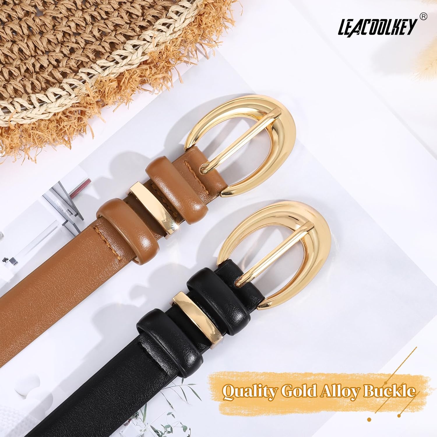 Alternative view of 2 Pack Women Leather Belts for Jeans Dress Fashion Ladies Belt with Gold Silver Buckle
