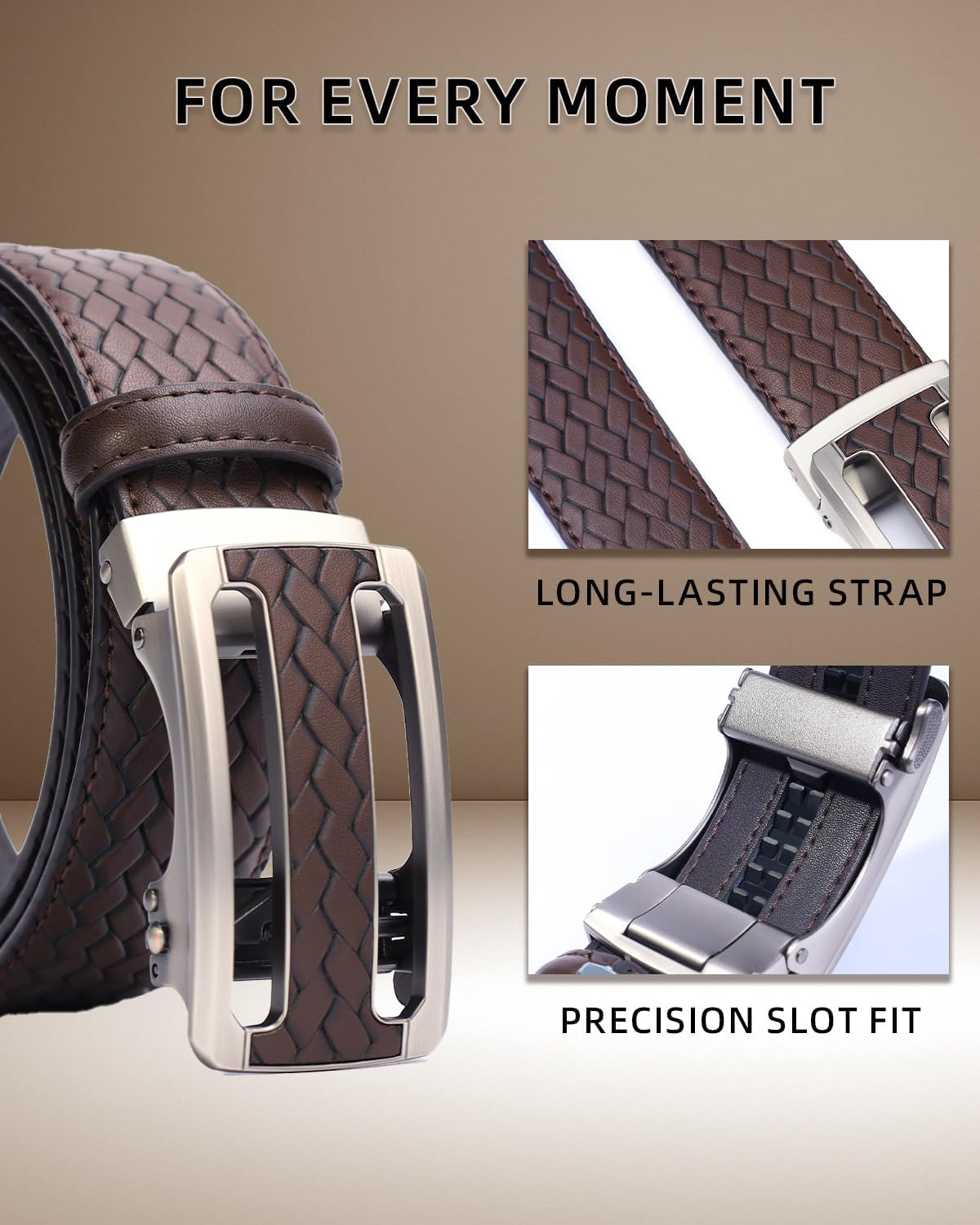 Alternative view of Men's Woven Leather Ratchet Belt, Adjustable Slide Dress Belt with Automatic Buckle, Trim to Fit, Packed in Gift Box
