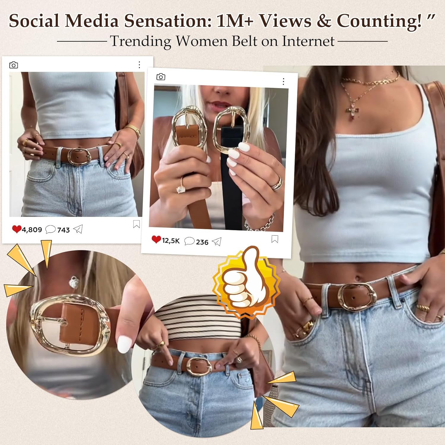JASGOOD 3 Pack Women Belts for Jeans Pants Ladies Leather Waist Belt Casual Fashion Trend Belt for Women with Gold Buckle