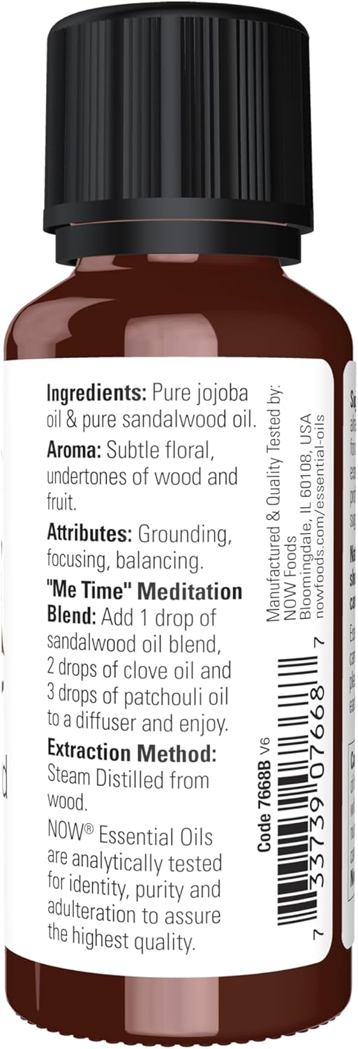 NOW Essential Oils, Sandalwood Oil, 14% Blend of Pure Sandalwood Oil in Pure Jojoba Oil, Grounding Essential Aromatherapy, Child Resistant Cap, 1-Ounce