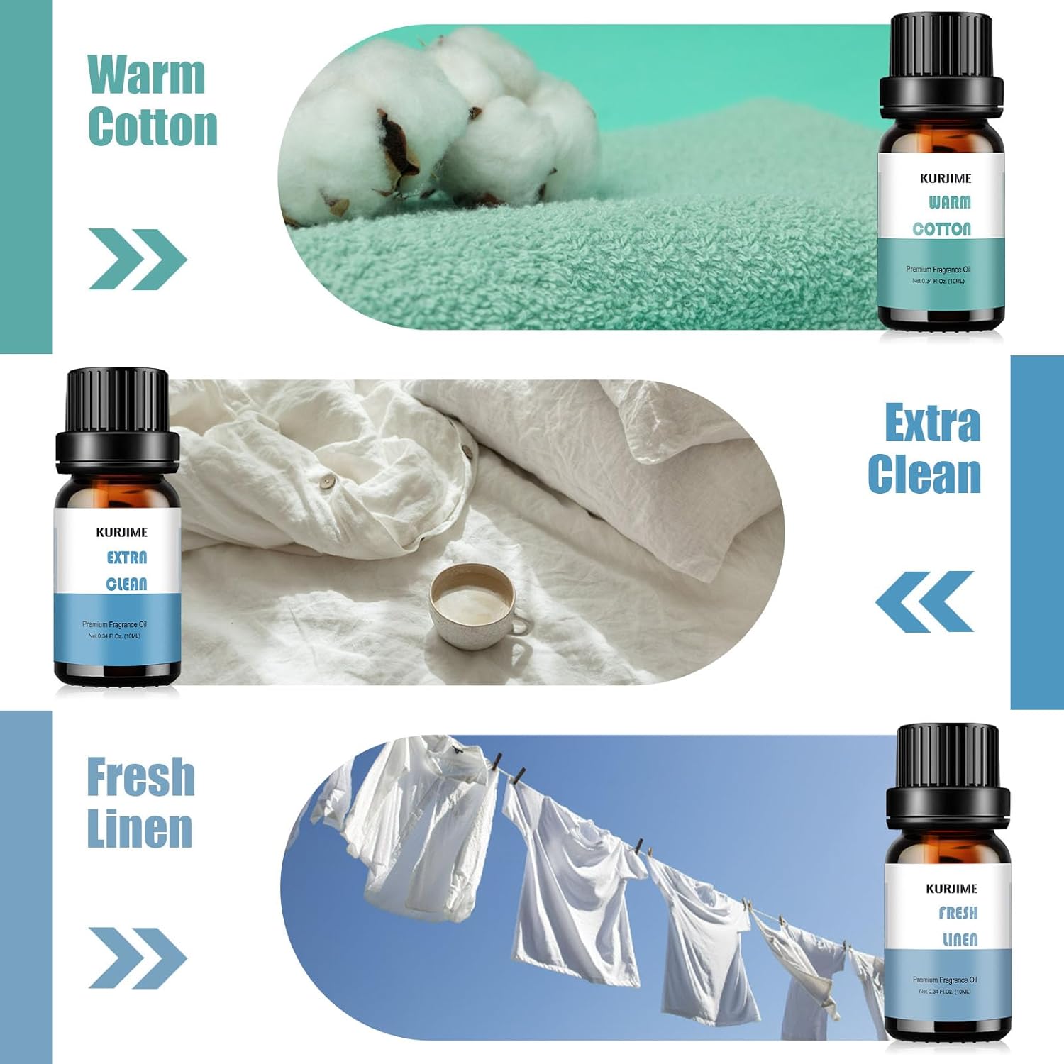 Alternative view of Essential Oils Set, Clean Scents Fragrance Oil Essential Oils for Diffuser Aromatherapy - Fresh Linen, Extra Clean, Warm Cotton, Soft Powder, Pure Soap, Eucalyptus Peppermint, 6x10ml