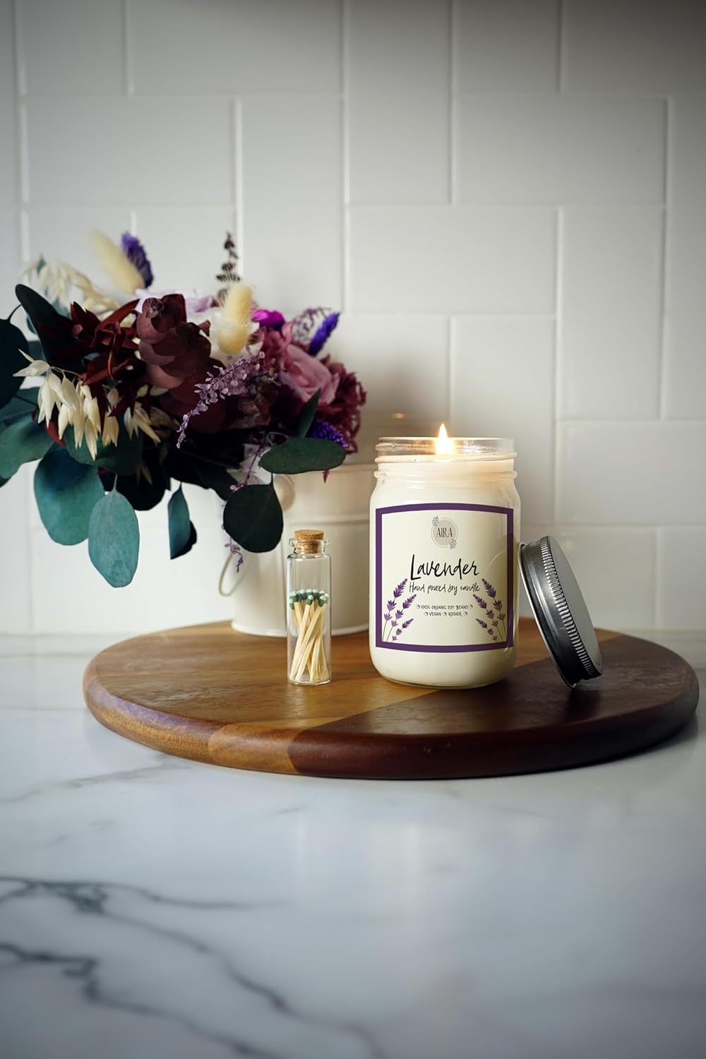 Aira Soy Candle u2013 Pure Lavender u2013 12 oz Mason Jar u2013 Hand-Poured USA u2013 Long-Lasting Vegan Soy Wax Candle u2013 Relaxing Aromatherapy u2013 Paraffin-Free, Kosher, Cruelty-Free