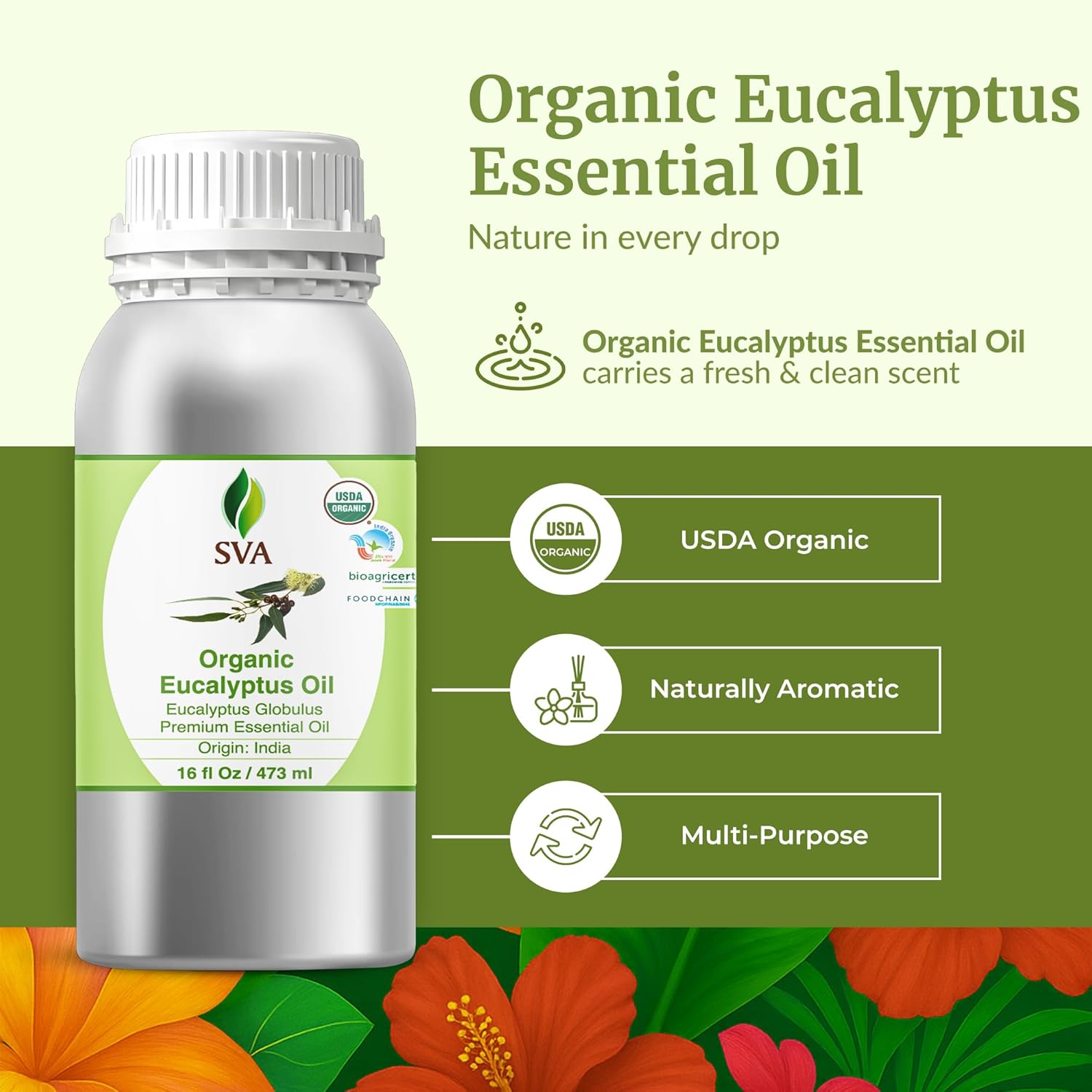 SVA Eucalyptus Essential Oil Organic u2013 16 Fl Oz u2013 100% Natural Organic Eucalyptus Oil for Hair, Face, Skin Care, Diffuser, Aromatherapy, Scalp, Body Massage, Soap and Candle Making