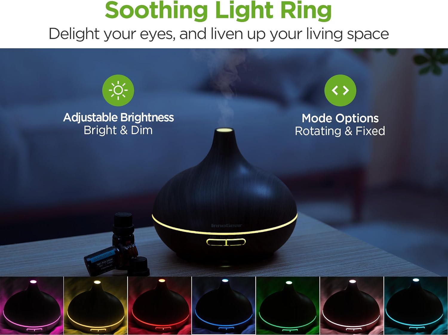 Alternative view of InnoGear Aromatherapy Diffuser & 10 Essential Oils Set, 400ml Diffuser Ultrasonic Diffuser Cool Mist Humidifier with 4 Timers 7 Colors Light Waterless Auto Off for Large Room Office, Dark Wood Grain