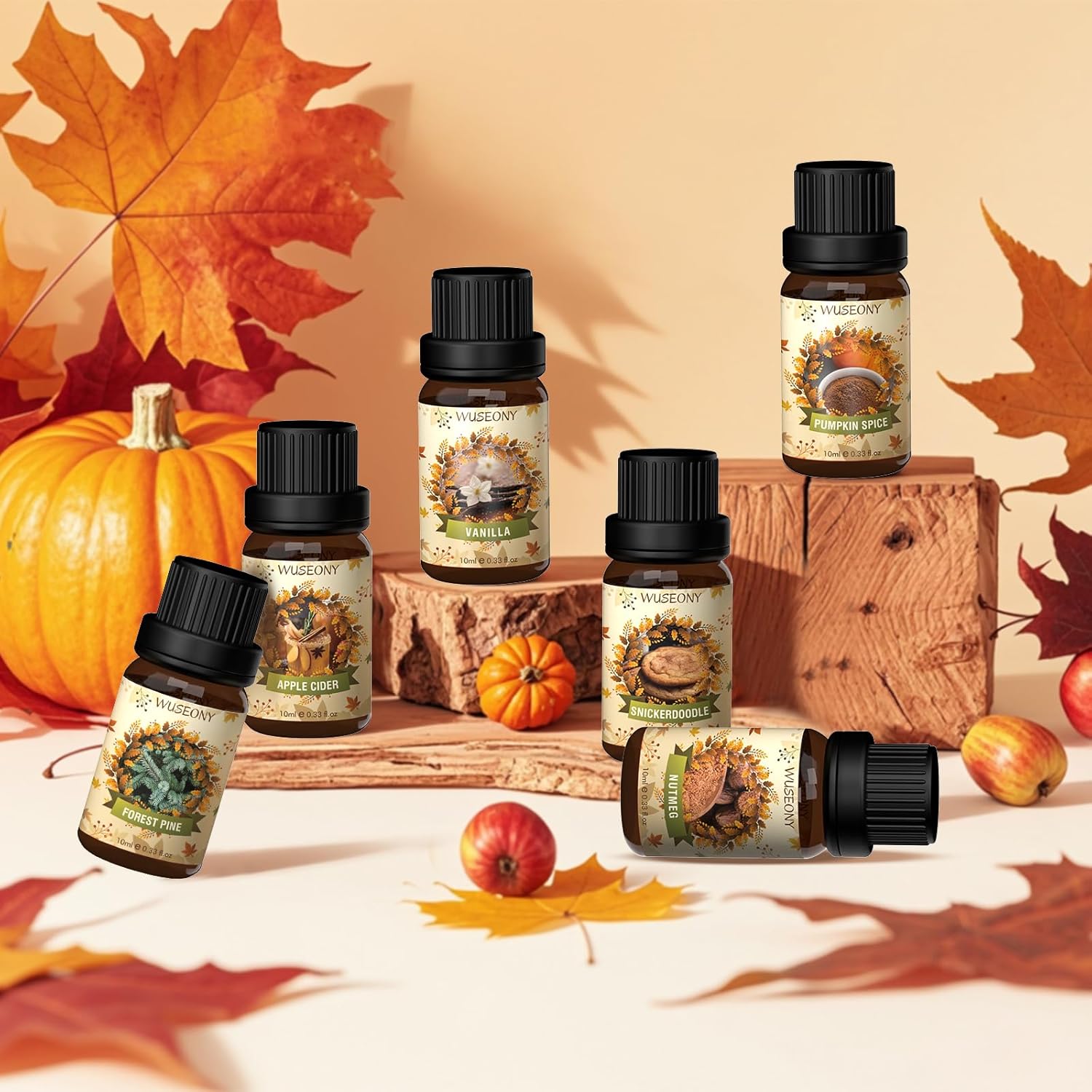 WUSEONY Fall Essential Oil for Diffusers, Autumn Fragrance Oil Set, Aromatherapy Oils Gift Set for Candle Soap Making - Apple Cider, Nutmeg, Snickerdoodle, Vanilla, Forest Pine, Pumpkin Spice, 6x10ml