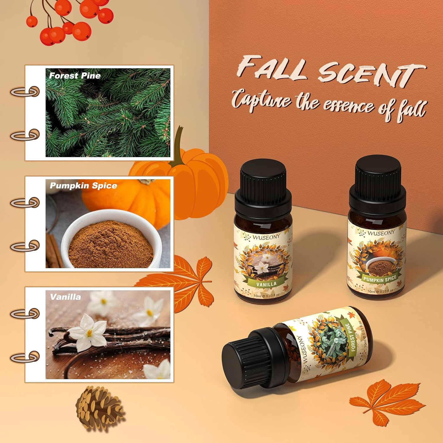 Alternative view of WUSEONY Fall Essential Oil for Diffusers, Autumn Fragrance Oil Set, Aromatherapy Oils Gift Set for Candle Soap Making - Apple Cider, Nutmeg, Snickerdoodle, Vanilla, Forest Pine, Pumpkin Spice, 6x10ml