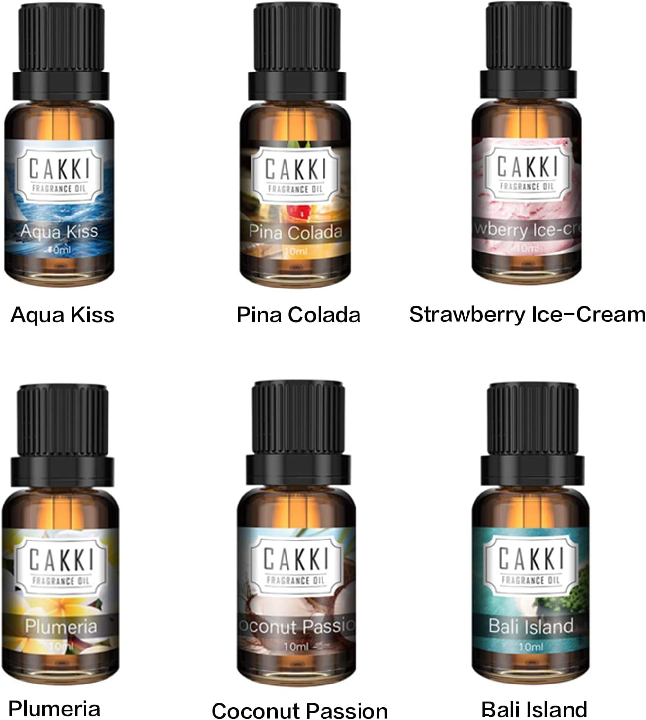 Summer Essential Oils for Diffusers for Home, CAKKI Fragrance Oils Set, 6X10ml with Coconut Passion, Plumeria, Pina Colada, Aqua Kiss, Bali Island, Strawberry, Aromatherapy Oils, for Candles Making