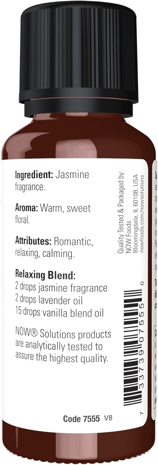NOW Essential Oils, Jasmine Fragrance, Romantic Aromatherapy Scent, Steam Distilled, 100% Pure, Vegan, Child Resistant Cap, 1-Ounce