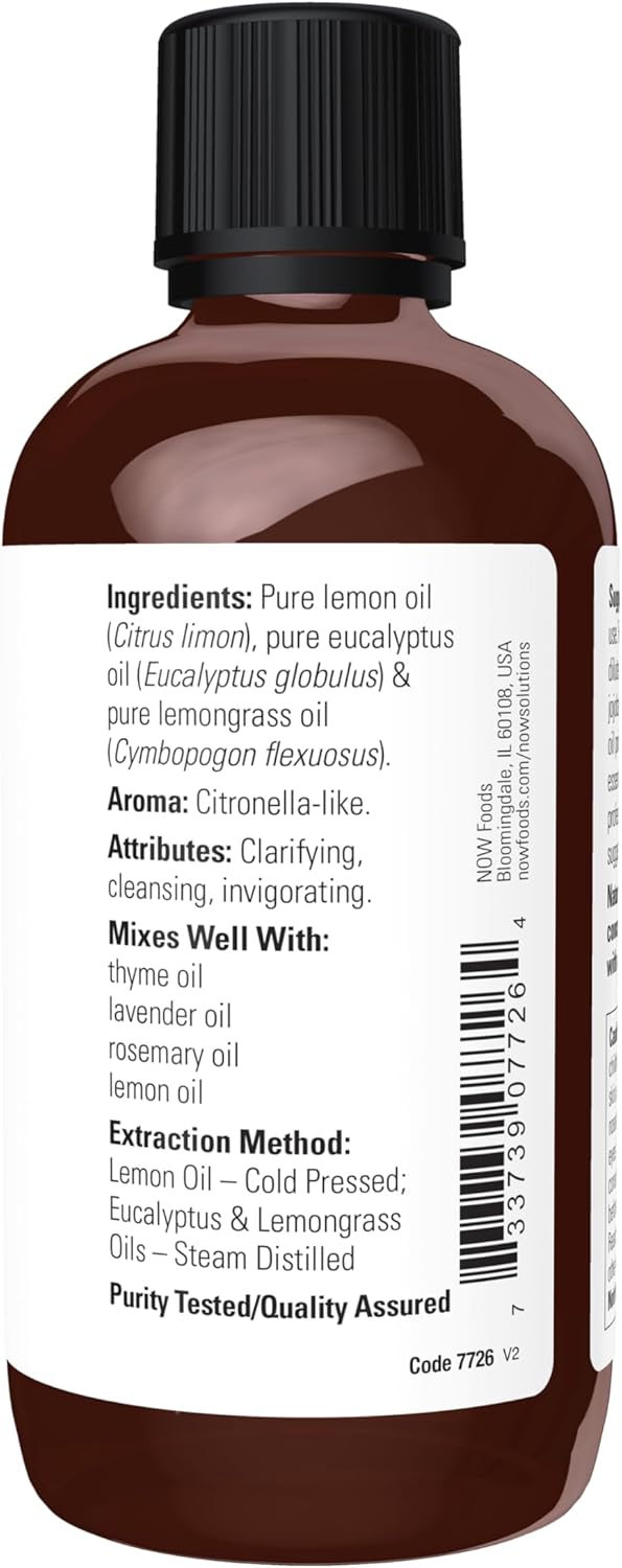 NOW Essential Oils, Lemon & Eucalyptus Oil Blend, Invigorating Aromatherapy Scent, Blend of Pure Lemon Oil and Pure Eucalyptus Oil, Vegan, Child Resistant Cap, 4-Ounce