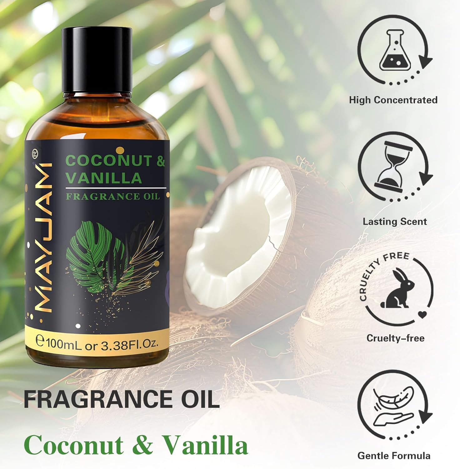 MAYJAM 100ML/3.38FL.OZ Coconut & Vanilla Fragrance Oils with Glass Dropper, Essential Oils for Diffusers for Home, Long Lasting Scented Oils for Diffusers Soap Candle Making