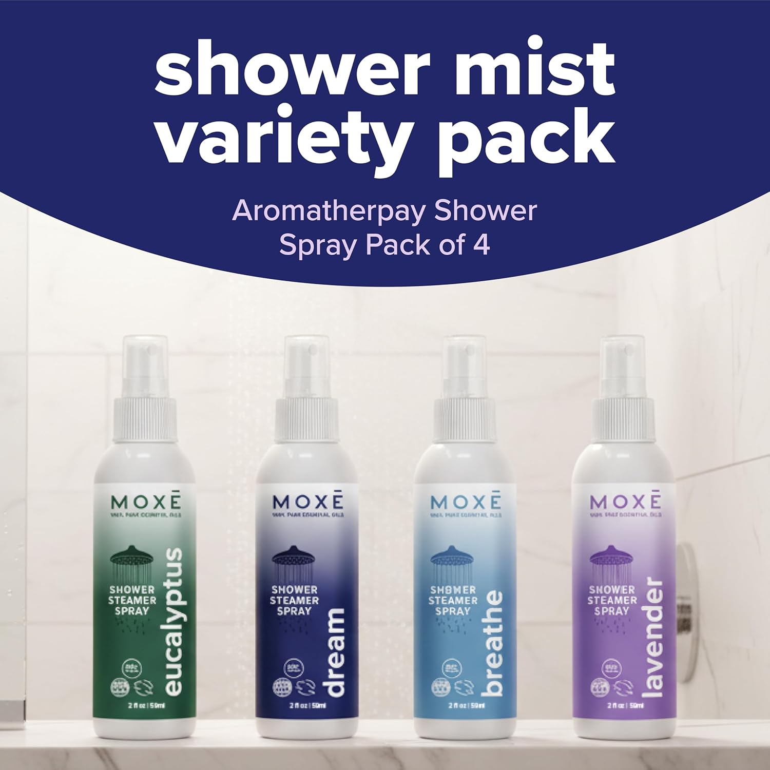 Alternative view of MOXE Aromatherapy Shower Mist Variety Pack, Eucalyptus, Lavender, Breathe and Dream, Spa Steam Spray, Natural 100% Essential Oils, Made in USA, Aromatherapy, Sinus Congestion Relief, 4 Pack (8oz)