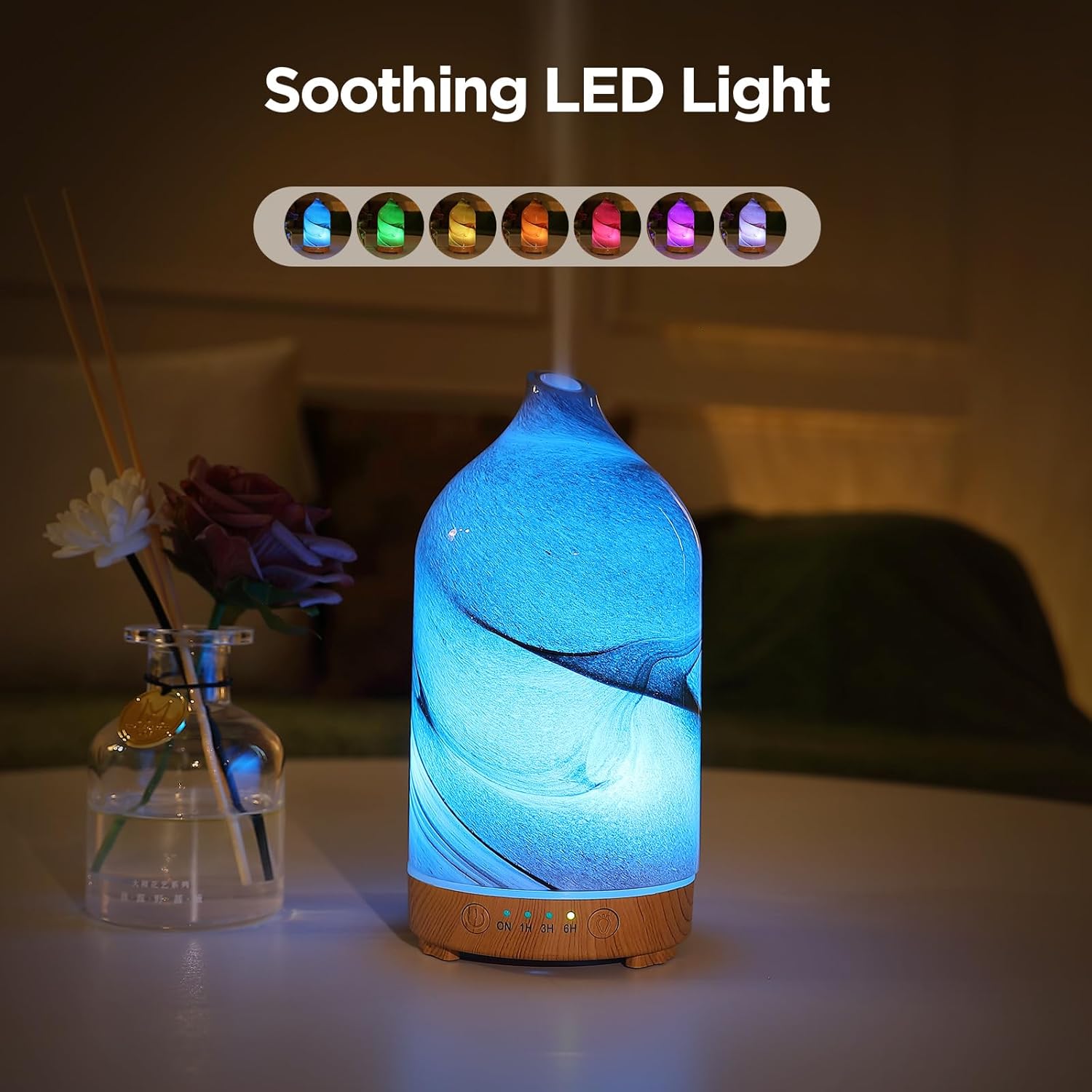 Essential Oil Diffuser Hand Blown Glass Aromatherapy Diffuser - Ultrasonic Cool Mist Scent Aroma Diffuser, Whisper Quiet with Auto Shut-Off, Timer Setting &7 Colors Night Light for Home
