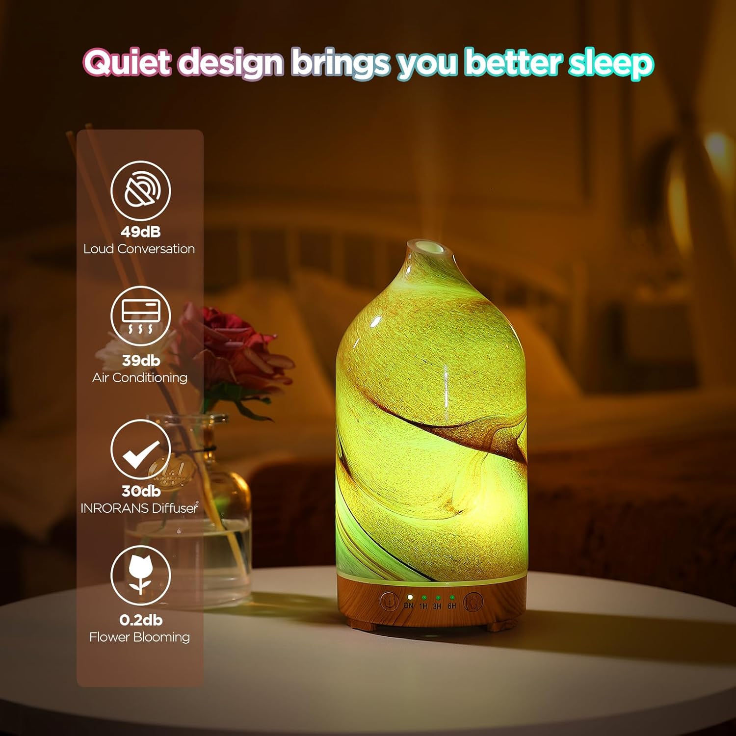 Alternative view of Essential Oil Diffuser Hand Blown Glass Aromatherapy Diffuser - Ultrasonic Cool Mist Scent Aroma Diffuser, Whisper Quiet with Auto Shut-Off, Timer Setting &7 Colors Night Light for Home