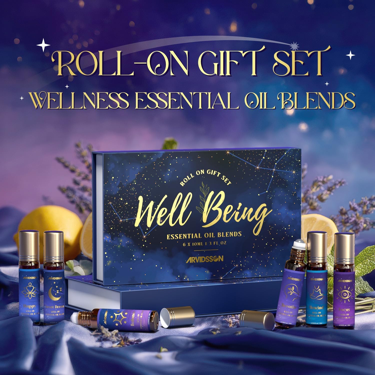 ARVIDSSON Essential Oils Roll On Set, Natural Self Care Essential Oil Blends Gift for Women - Sweet Dream, Unwind, Breahte, Balance, Focus, Happy, Aromatherapy Oil Roller for Body, Massage