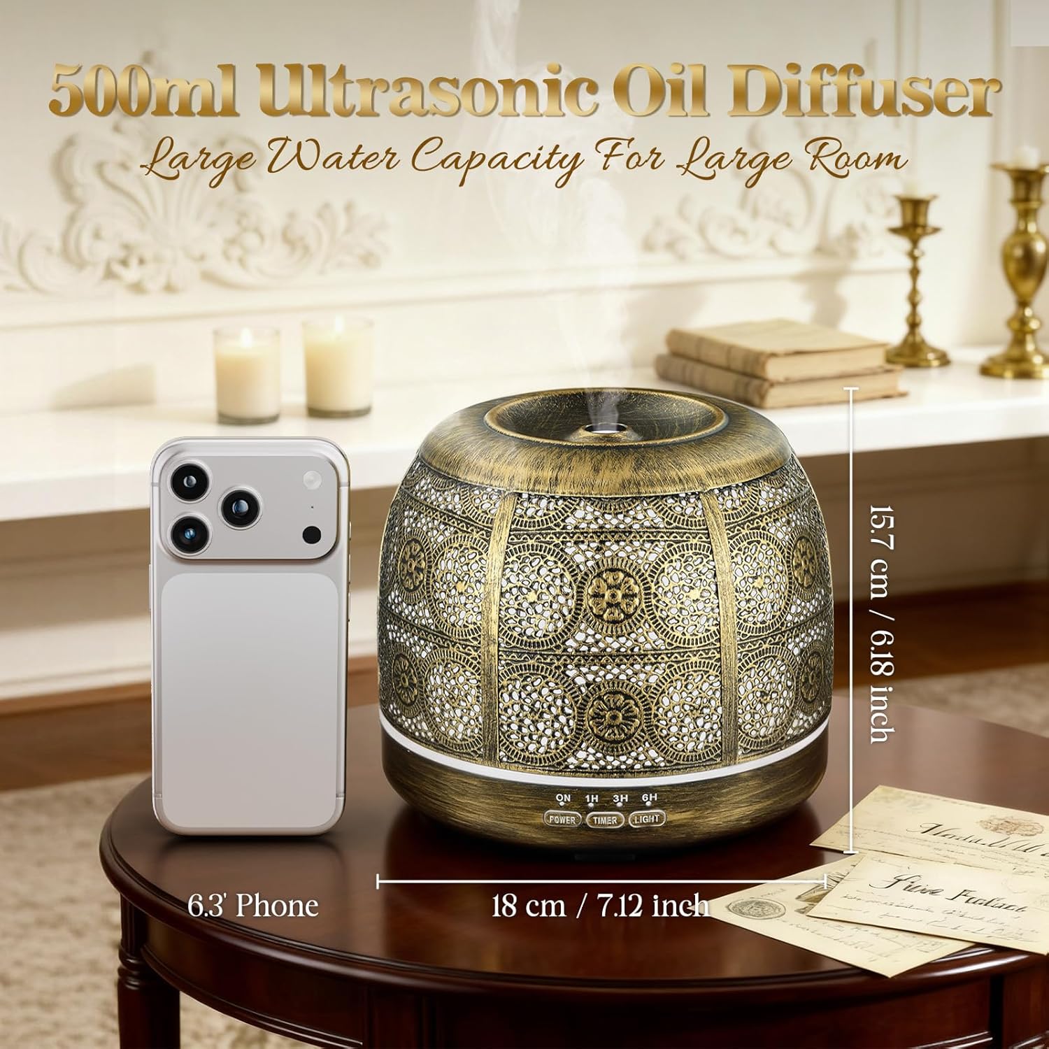 ARVIDSSON Essential Oil Diffuser, 500ml Aromatherapy Diffuser for Home, Ultrasonic Diffusers for Essential Oils, Metal Oil Diffuser with Mist Timer and Color Mood Light, Gift for Women and Men