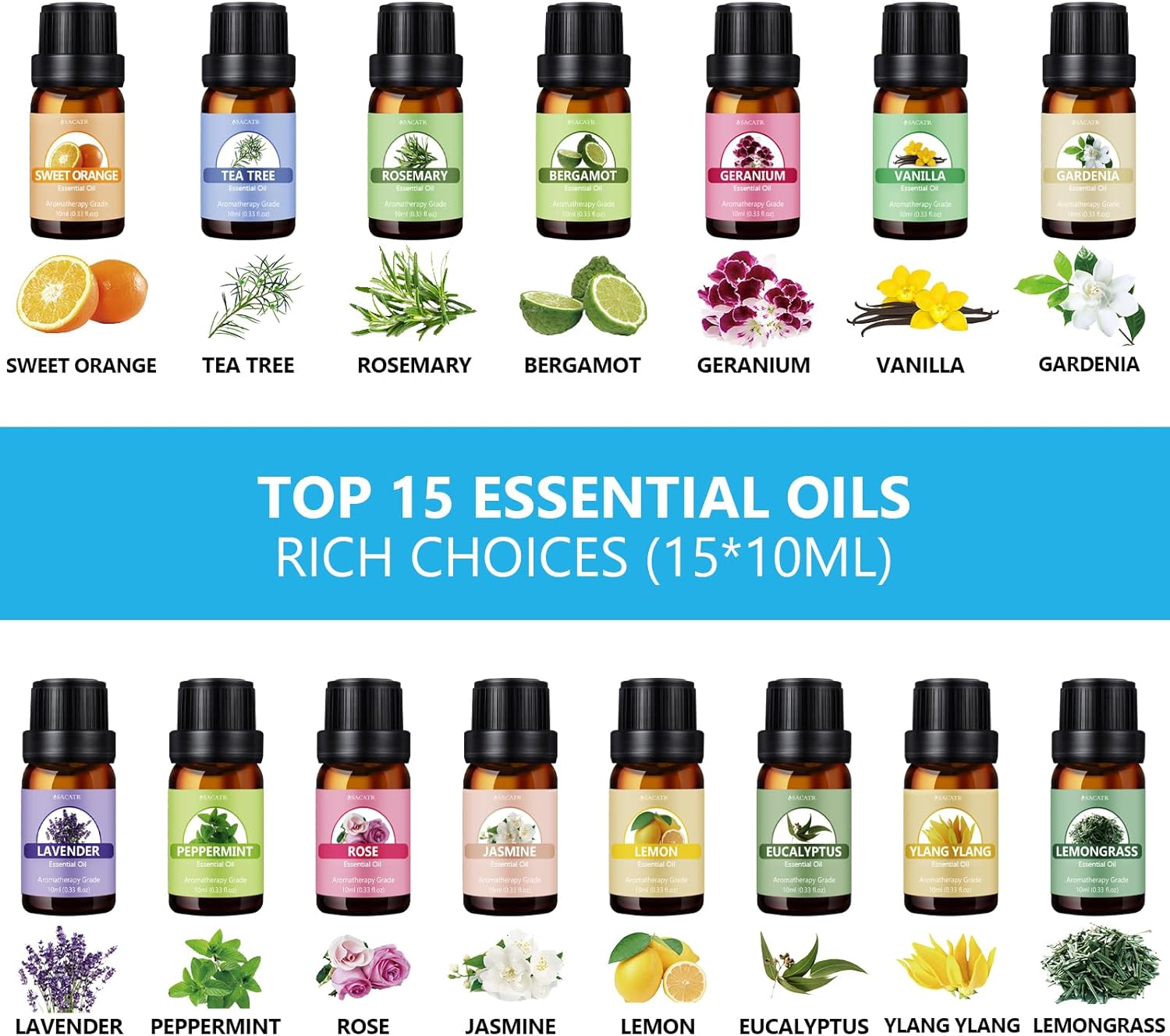 SACATR 550ml Oil Diffuser with 15x10mL Essential Oils, Ultrasonic Technology, Remote Control for Home Office