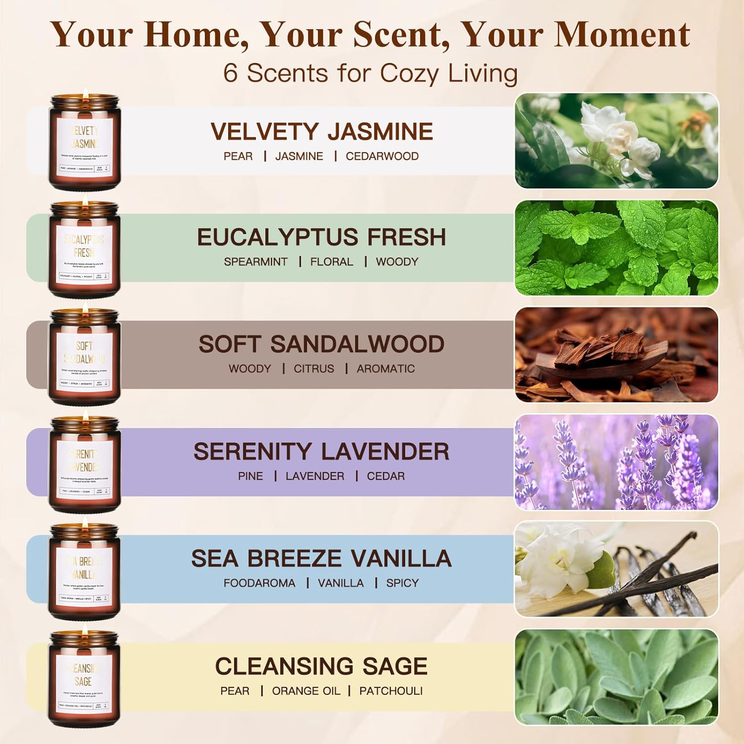 Scented Soy Candles Set for Women - 6 Pack 42oz 300Hour Candle for Home Scented, Lavender Vanilla Eucalyptus Sage Jasmine Sandalwood Candle for Spring Summer, Natural Soy Wax Aromatherapy Candles ﻿