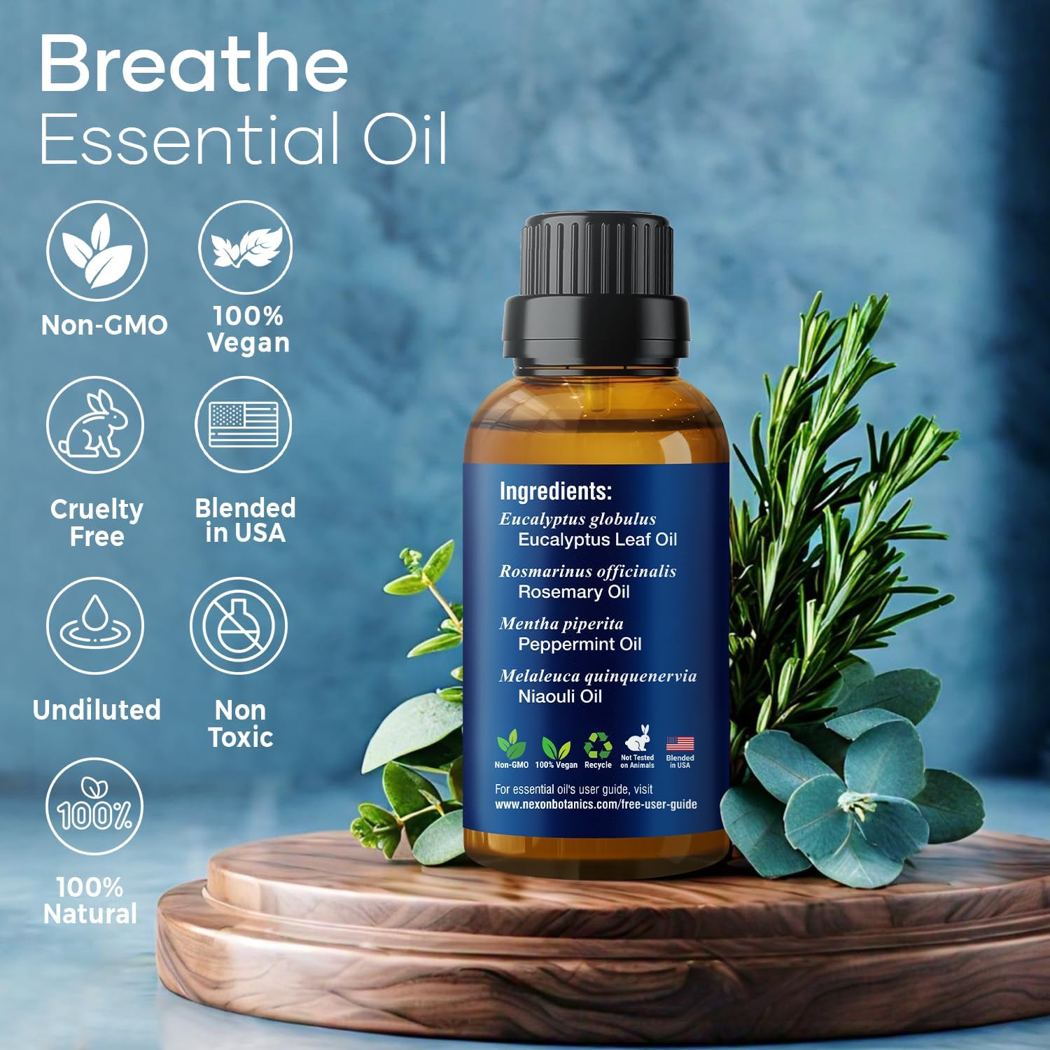 Alternative view of Breathe Essential Oil Blend 30 ml - Breath Sinus Relief with Menthol Oils - for Humidifiers, Diffusers, and Aromatherapy - Nexon Botanics