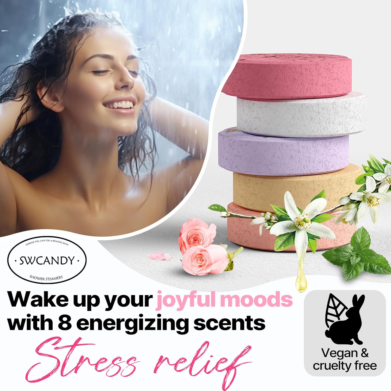 Shower Steamers Aromatherapy SWCANDY 8 Pack Gifts for Women Valentines Day for Her, Adults, Mom, Men Natural Essential Oils Home Spa Self Care Stress Relief Relaxation Bath Bombs Decorations Flower