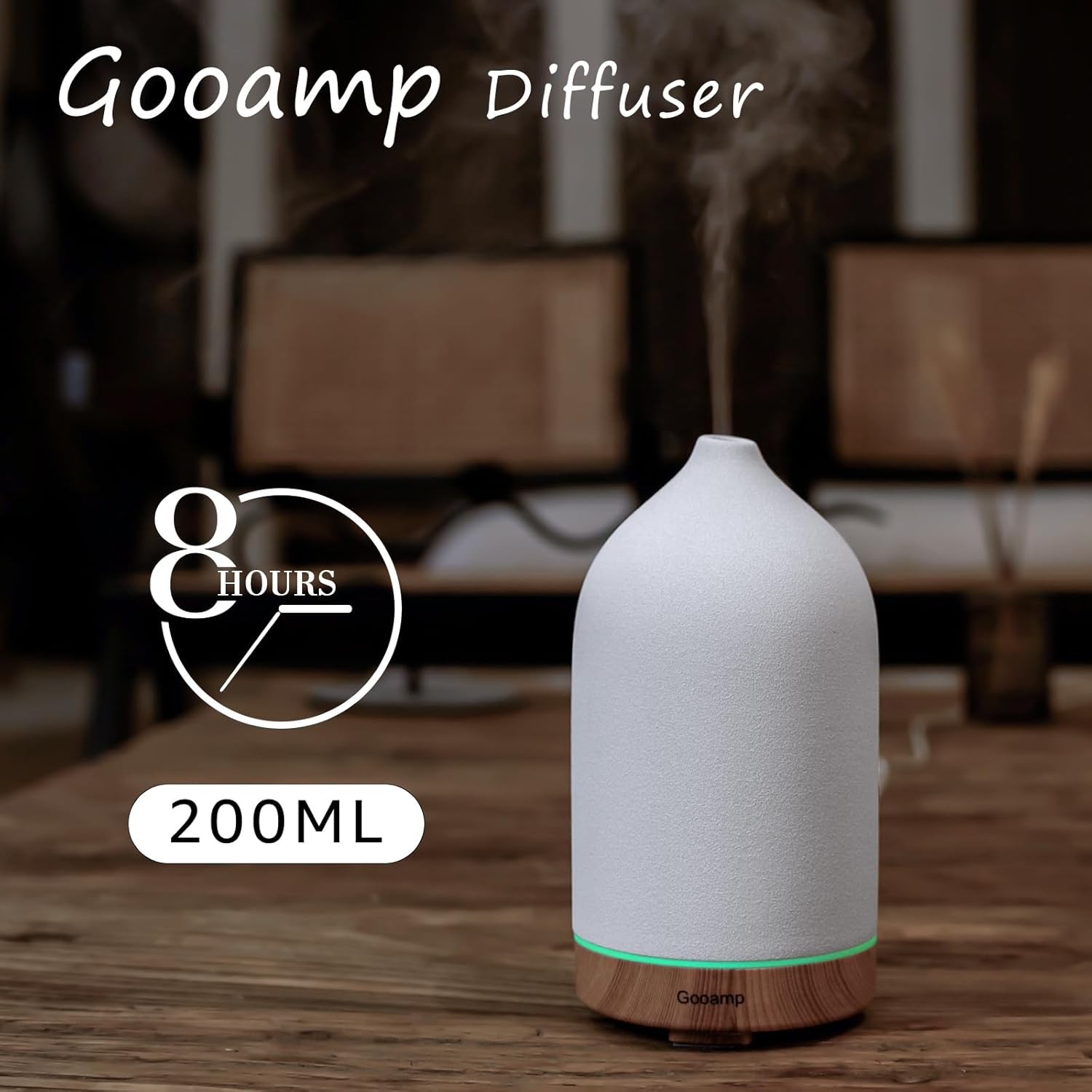 Alternative view of Gooamp 200ML Ceramic Essential Oil Diffuser - Ultrasonic Aromatherapy & Humidifier with 7-Color LED Lights, Auto Shut-Off, Wood Grain Base, 1H/3H/6H Timer | Scent for Home, Office, Yoga