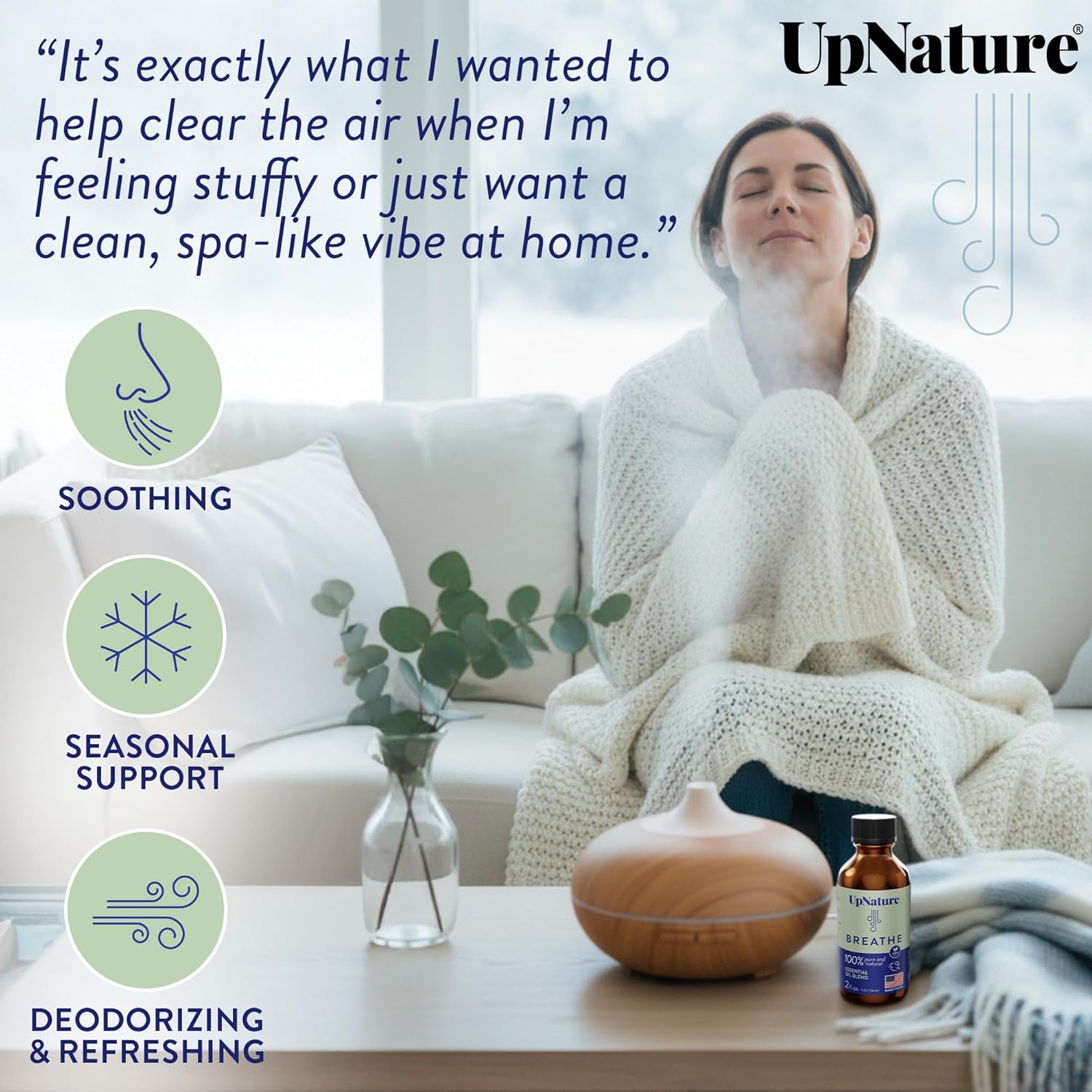 UpNature Breathe Essential Oils Blend (Large 2oz) Breath Relief Eucalyptus and Menthol Blend - Essential Oils for Diffusers for Home Humidifier - Vaporizer Liquid Aromatherapy Oils
