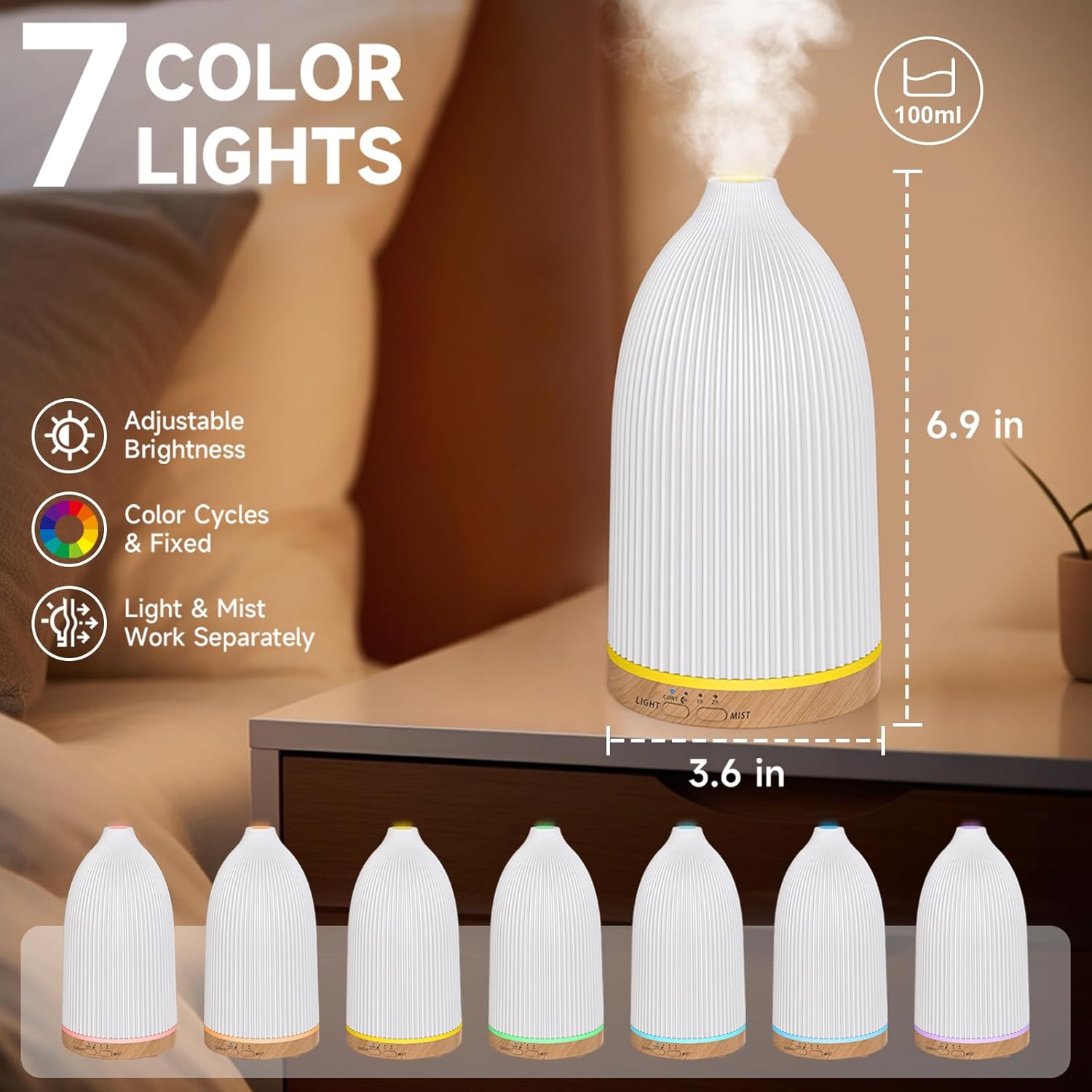 URPOWER 100ML Essential Oil Diffusers for Home with 7 LED Color Changing Lights, Timer & Auto-Off Ultrasonic Aromatherapy Diffuser Cool Mist Humidifer Scent Diffuser for Bedroom, Office, Yoga