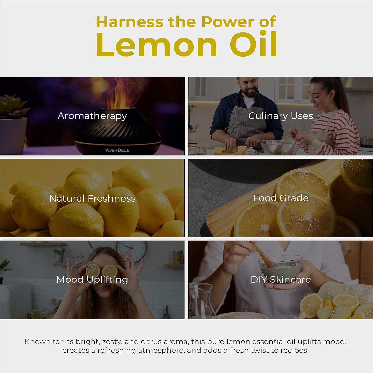 Viva Doria 100% Pure Lemon Essential Oil, Undiluted, Food Grade, USA Lemon Oil, 30 mL (1 Fl Oz)