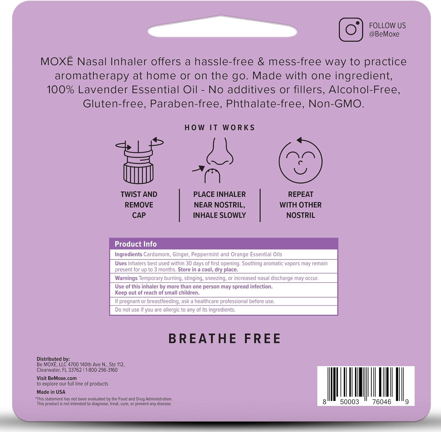 MOXĒ Lavender Essential Oil Nasal Inhaler, No-Mess Aromatherapy, Relaxation, Naturally Calming, Before Sleep Routine, Pure and Undiluted, Made in USA (3 Pack)