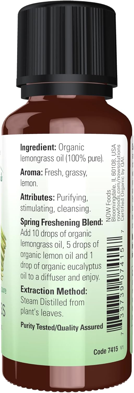 NOW Essential Oils, Organic Lemongrass Oil, Uplifting Aromatherapy Scent, Steam Distilled, 100% Pure, Vegan, Child Resistant Cap, 1-Ounce