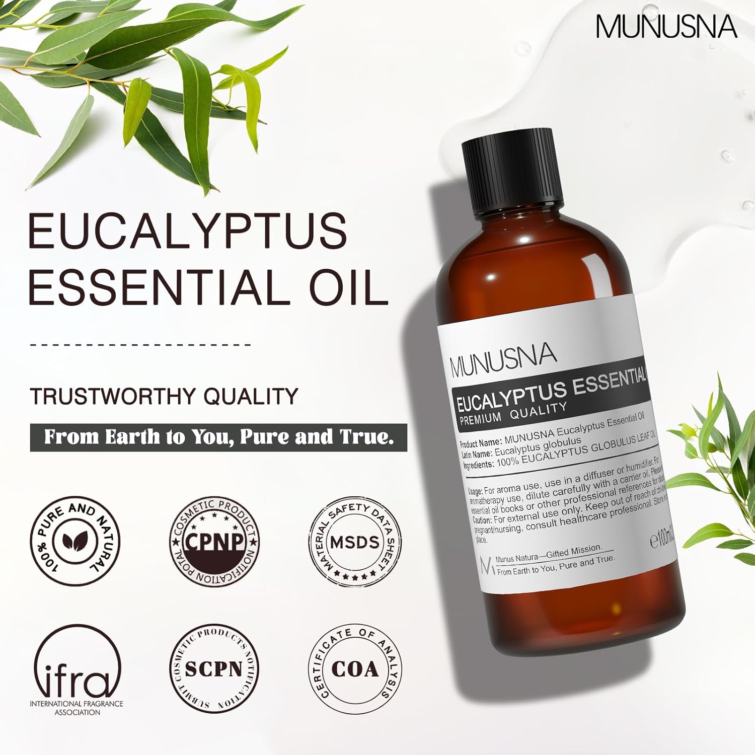 MUNUSNA Eucalyptus Essential Oil, Premium Grade Pure Eucalyptus Oils 100ML, 100% Natural Aromatherapy Essential Oil for Shower, Hair, Skin, Diffuser, Massage, Candle, Soap, Bath Bombs Making