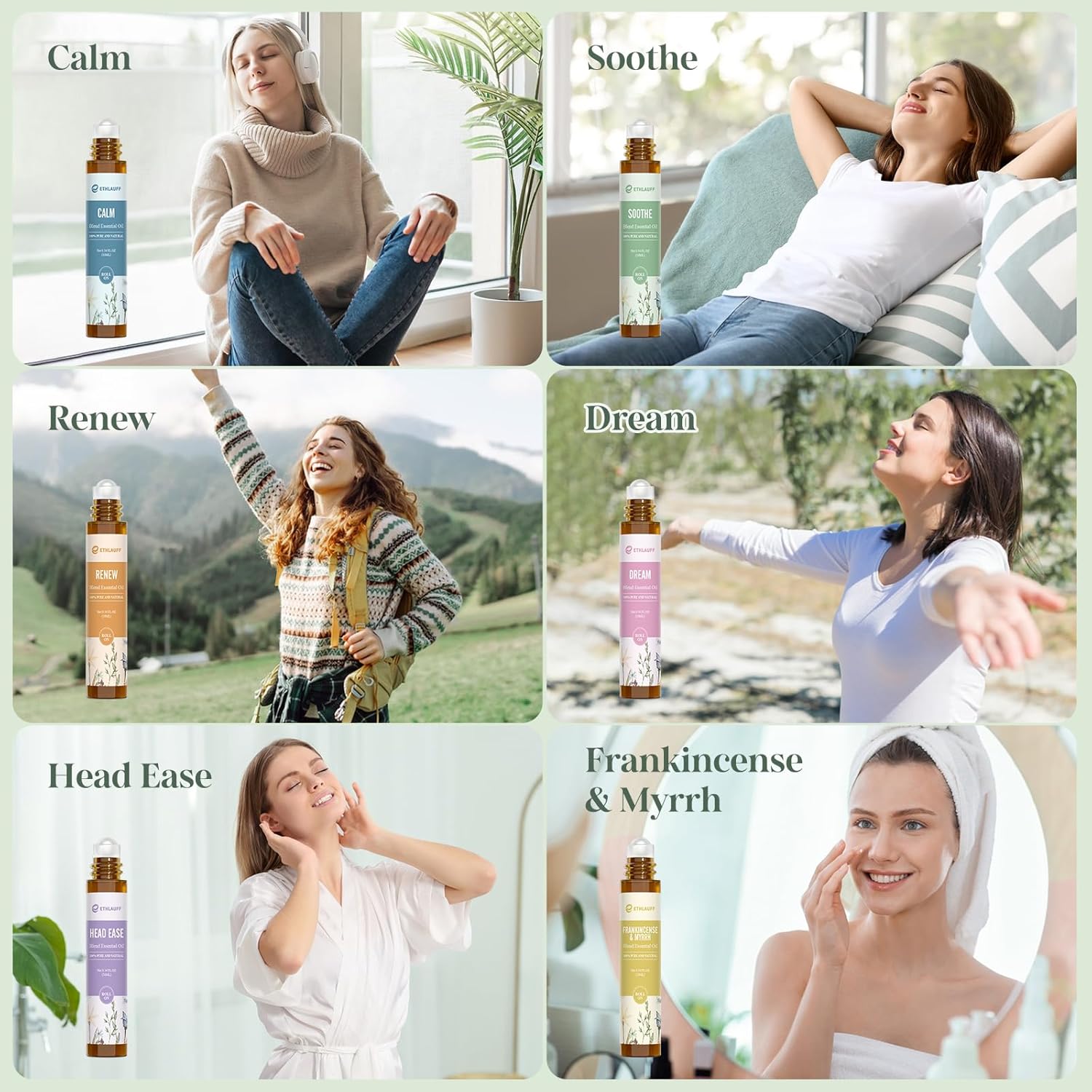 Ethlauff Essential Oil Roll On Set, (Calm,Renew,Dream,Head Relief), Aromatherapy Roll On Blends for Massage, Body Care & Home Use, Stress Relief Gift Men & Women