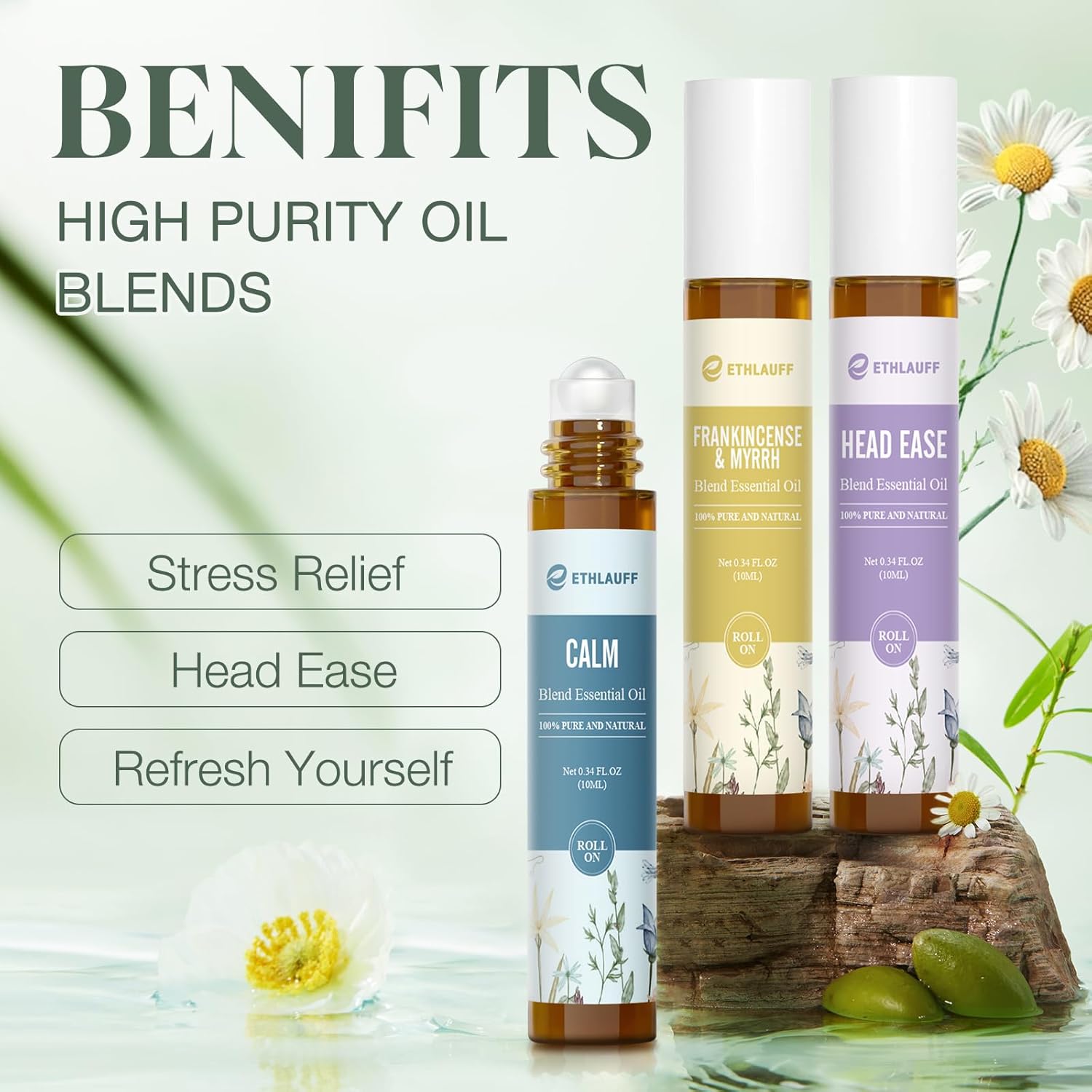 Alternative view of Ethlauff Essential Oil Roll On Set, (Calm,Renew,Dream,Head Relief), Aromatherapy Roll On Blends for Massage, Body Care & Home Use, Stress Relief Gift Men & Women