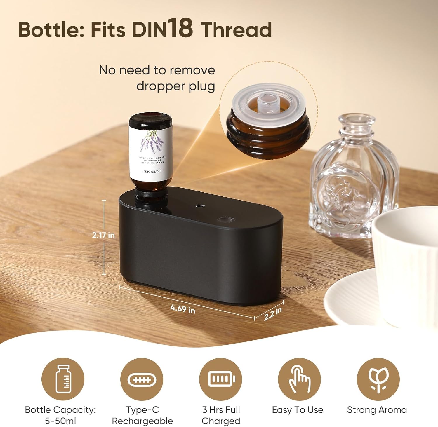 Waterless Diffuser for Home Essential Oil Diffuser, Aromatherapy Diffuser, Portable Scent Diffusers, 3 Mist Modes, Cycle Start for Bedroom, Office Studio 350-700 sq. ft Black