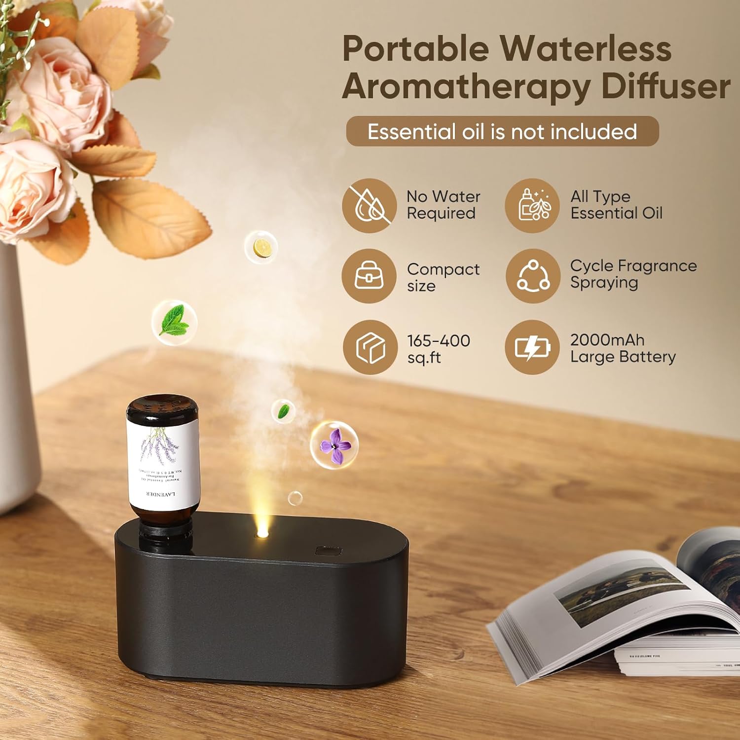 Alternative view of Waterless Diffuser for Home Essential Oil Diffuser, Aromatherapy Diffuser, Portable Scent Diffusers, 3 Mist Modes, Cycle Start for Bedroom, Office Studio 350-700 sq. ft Black