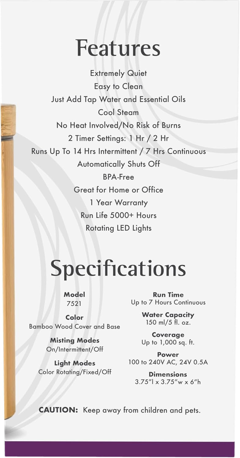 Alternative view of NOW Essential Oils, Ultrasonic Real Bamboo Aromatherapy Oil Diffuser, Extremely Quiet, Heat Free and Easy to Clean, Color Changing LED Diffuser