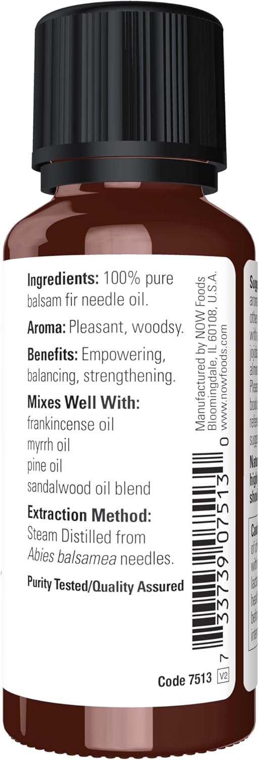 NOW Essential Oils, Balsam Fir Needle Oil, Woodsy Aromatherapy Scent, Steam Distilled, 100% Pure, Vegan, Child Resistant Cap, 1-Ounce