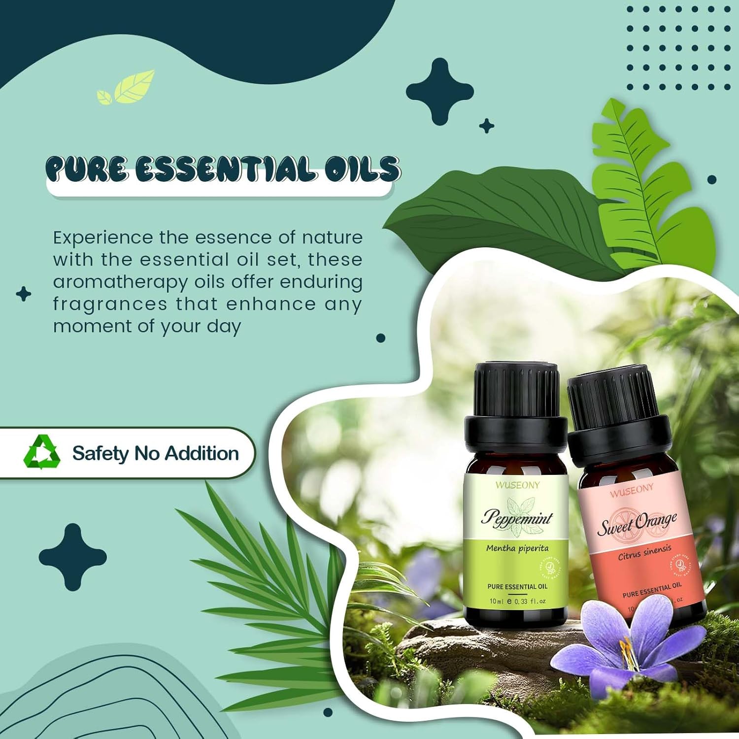 WUSEONY Top 6 Natural Aromatherapy Oils Gift Set, Essential Oils for Diffusers Home, Fragrance Oil Scent for Candle Soap Making - Lavender, Peppermint, Eucalyptus, Lemongrass, Sweet Orange, Clove