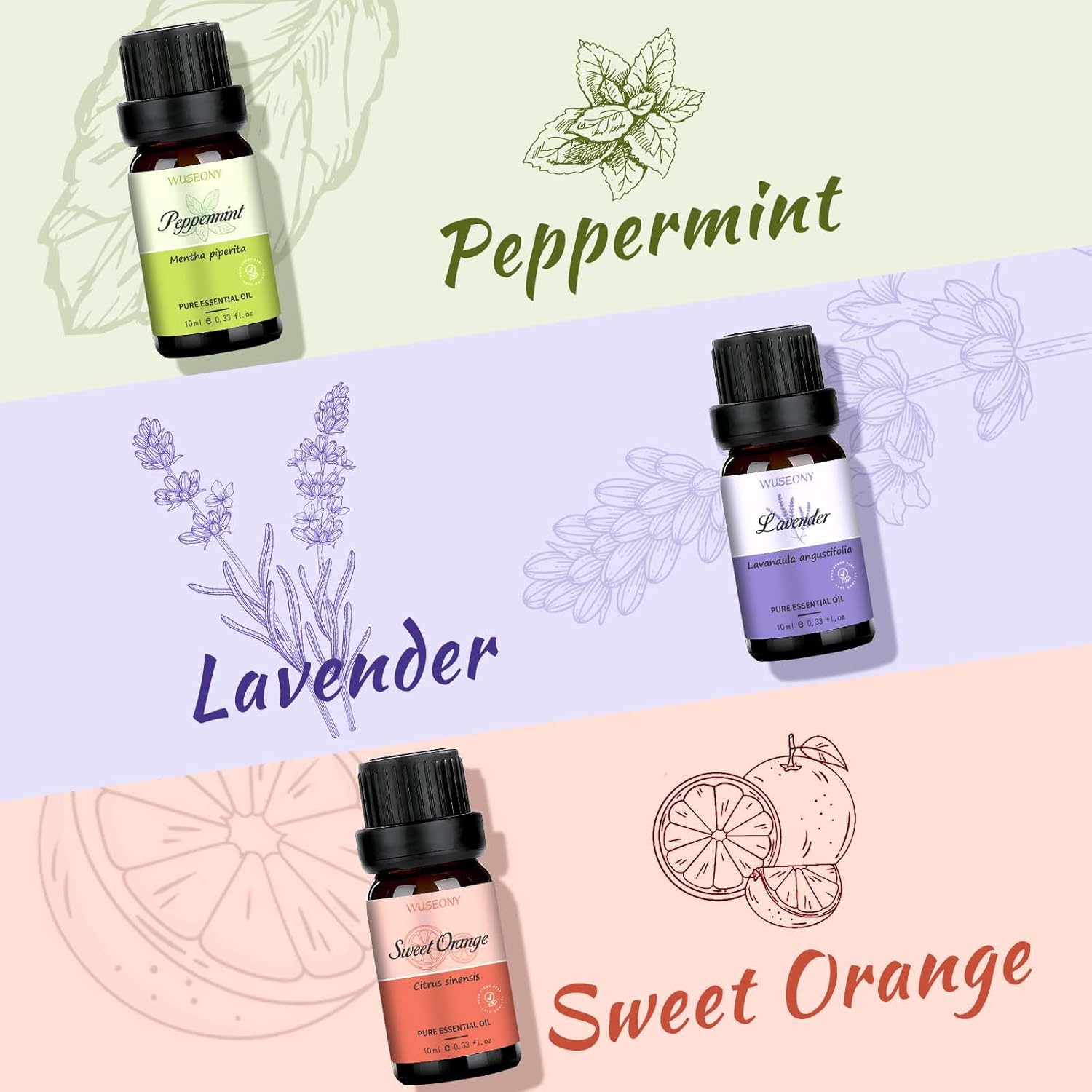 Alternative view of WUSEONY Top 6 Natural Aromatherapy Oils Gift Set, Essential Oils for Diffusers Home, Fragrance Oil Scent for Candle Soap Making - Lavender, Peppermint, Eucalyptus, Lemongrass, Sweet Orange, Clove